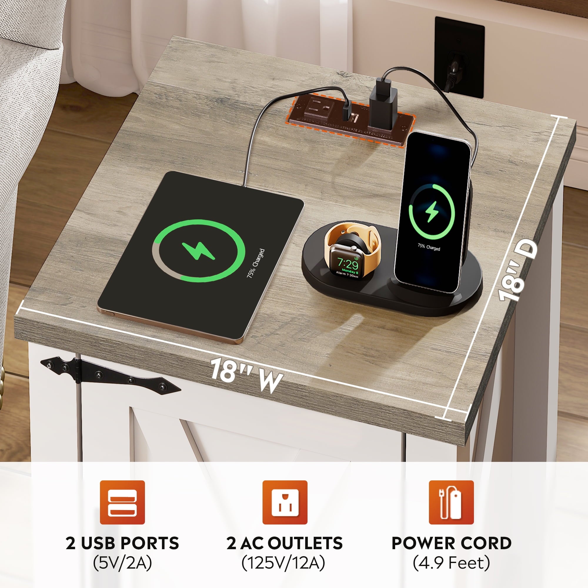 GALAXHERO Nightstand with Charging Station, Farmhouse Narrow Side Table with Barn Door, Wooden Bedside Table for Bedroom, End Tables for Living Room
