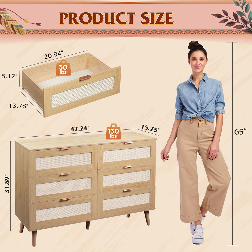 GALAXHERO Rattan Dresser for Bedroom, 6 Drawer 47.24'' Wide Boho Wood Dresser, Chest of Drawers, TV Stand for 55 inch TV, Storage Cabinet for Living Room, Gold Metal Handle, Hallway, Light Oak