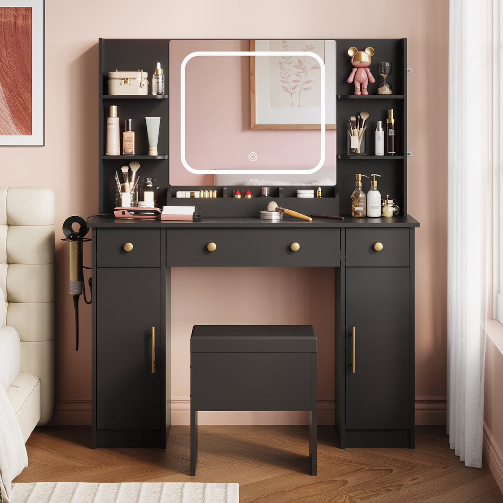 GALAXHERO White Vanity Desk with Lighted Mirror and Chair, RGB Lights, Charging Station, Makeup Table with 3 Drawers and 2 Cabinets, Vanity Stools with Storage for Bedroom