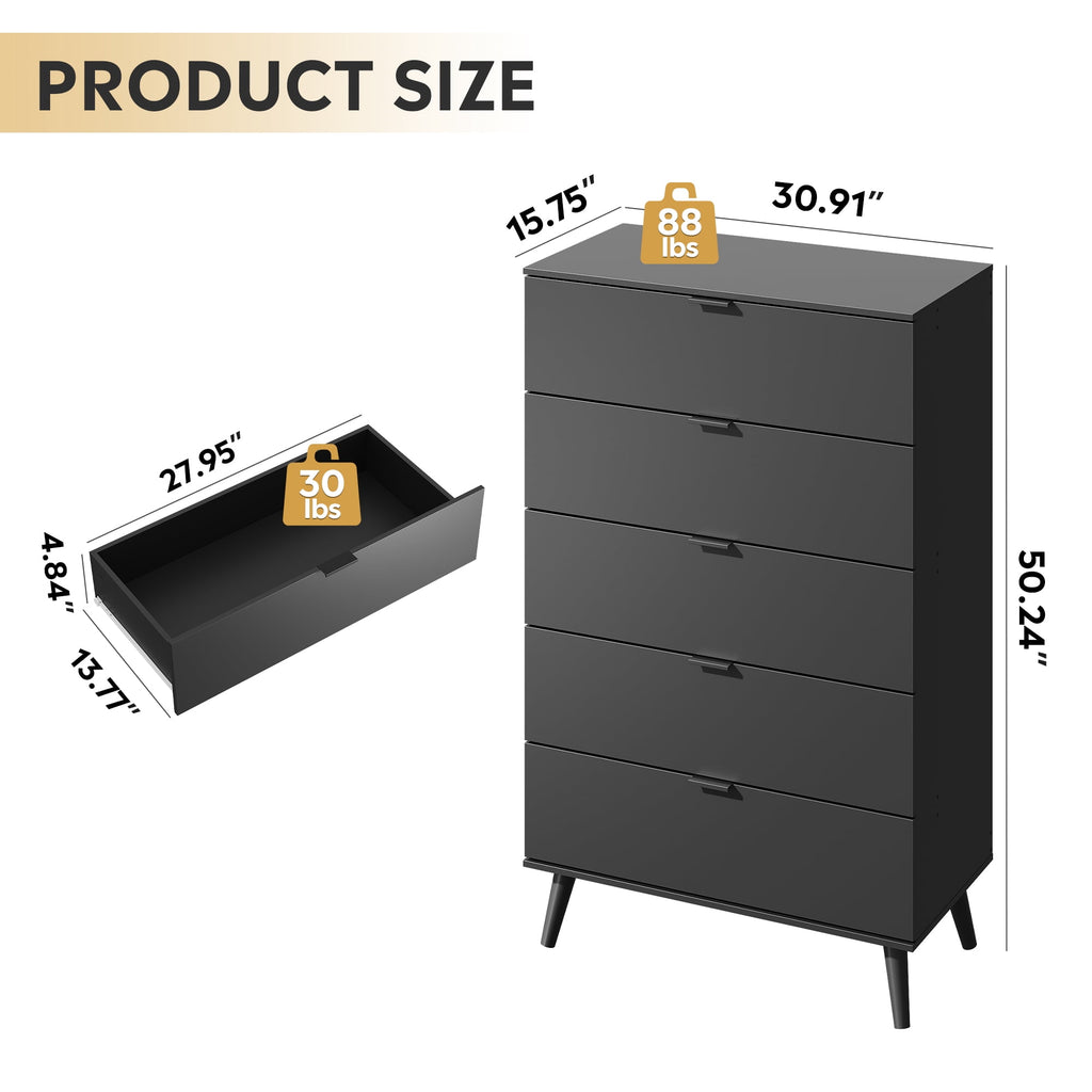 GALAXHERO 5 Drawer Dresser for Bedroom, Tall Dresser, Wooden Storage Organizer with Sturdy Metal Handle, Chest of Drawers for Living Room, Hallway, Closet