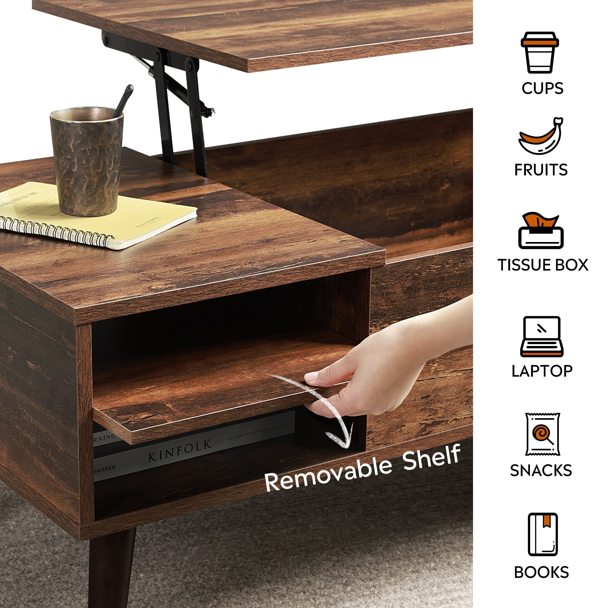 GALAXHERO Coffee Table with Removable Storage Shelves Lift Top Small Coffee Table for Living Room