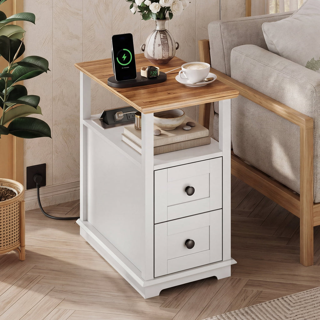 GALAXHERO Narrow Side Table with Charging Station Wooden End Table with 2 Drawers for Living Room, Bedroom, Small Space