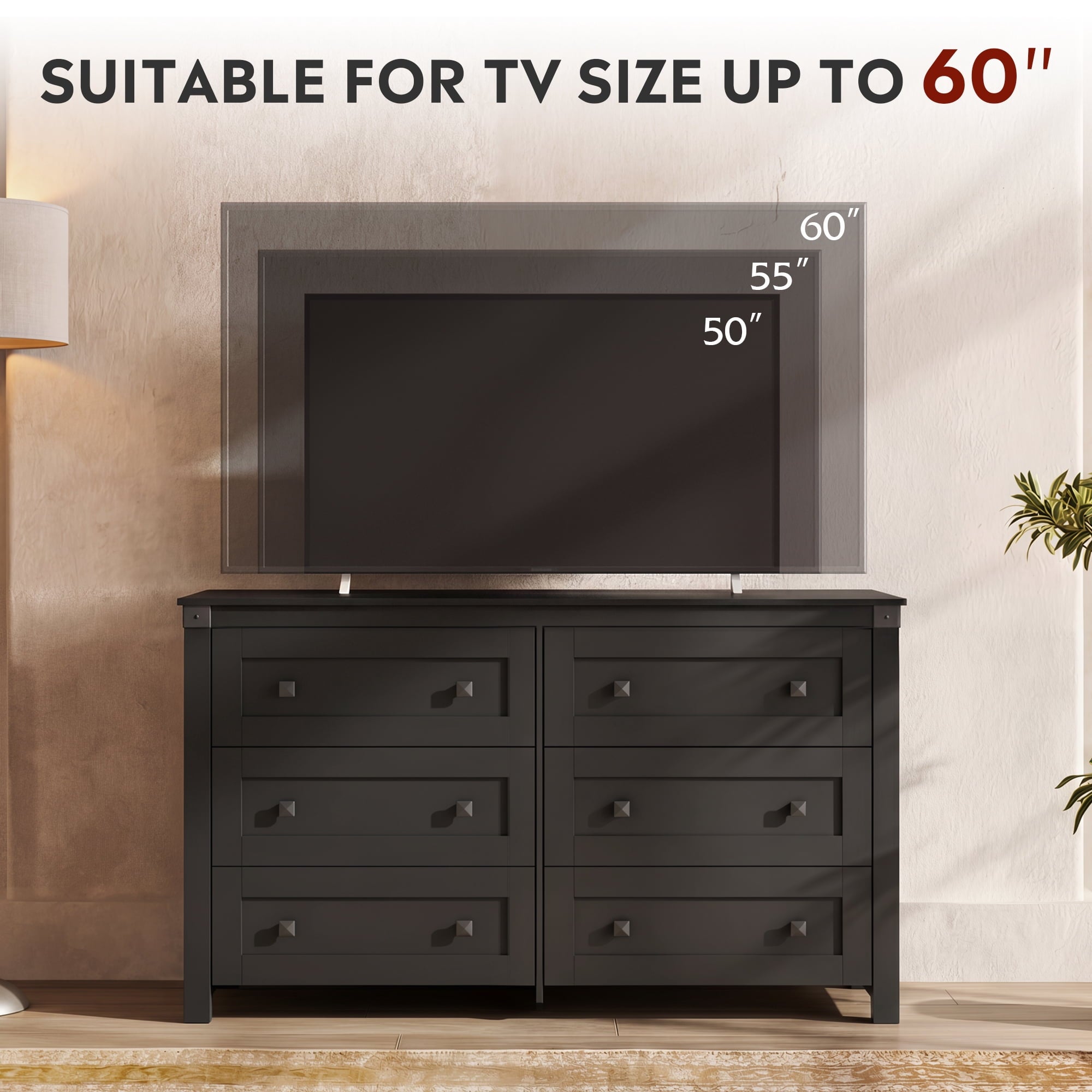 GALAXHERO Farmhouse 6 Drawer Dresser, Wood Dresser with Double Rustic Handles, TV Stand for 60" TV for Living Room, 53.07'' Wide Chest of Drawers for Bedroom, Hallway