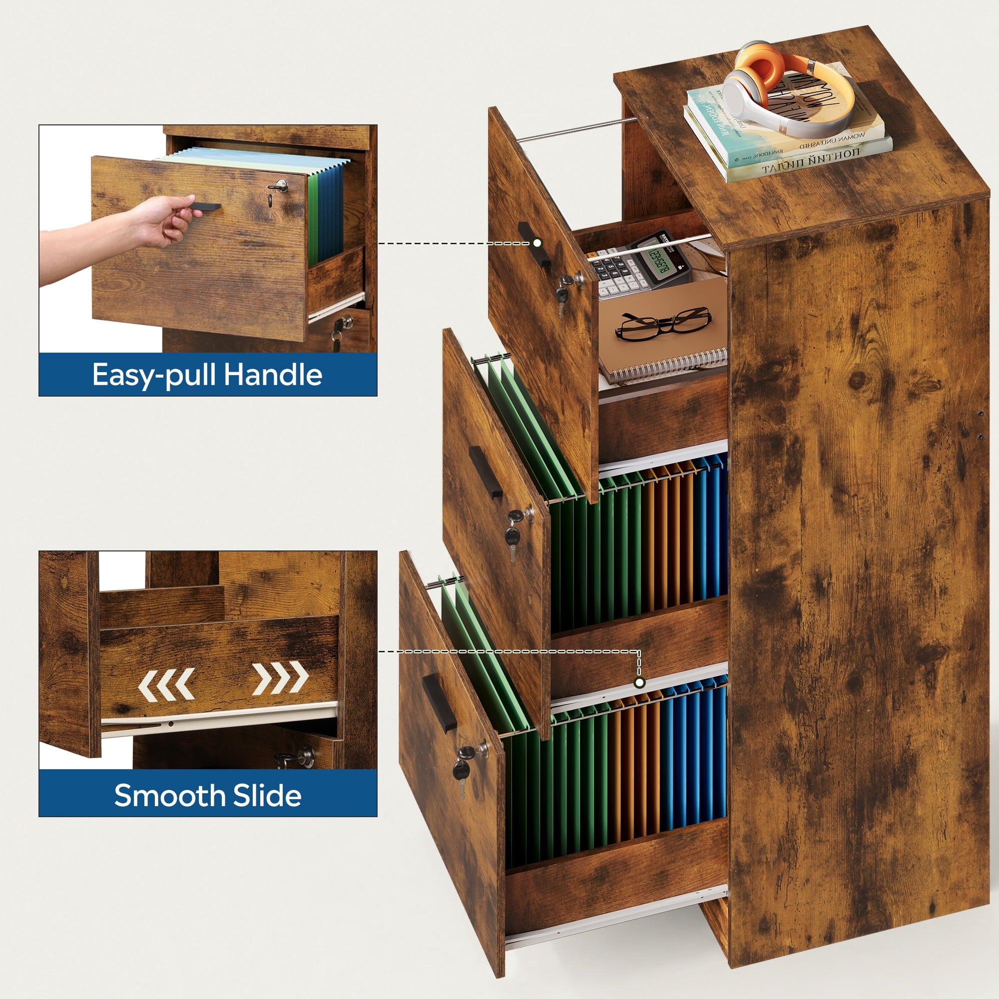 GALAXHERO 3-Drawer File Cabinet with Locks & Wood Printer Stand, Fits Letter/A4, Ideal for Home Office