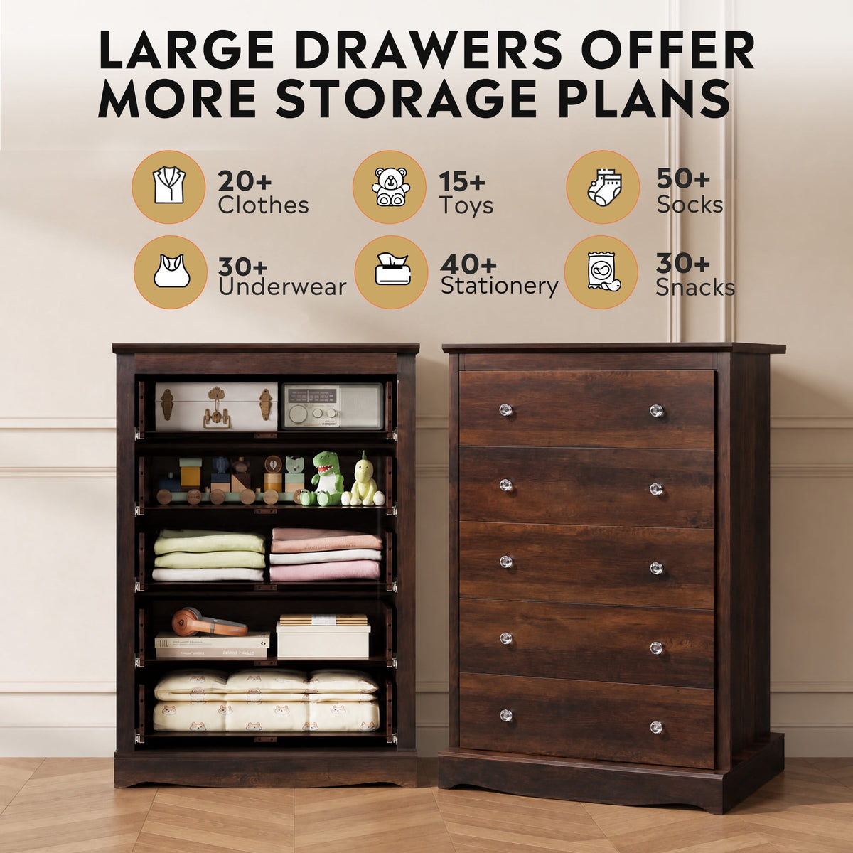 GALAXHERO 5 Drawer Dresser for Bedroom, Retro Wood Chest of Drawers, Tall Dresser with Round Metal Handle for Living Room, Hallway, Closet