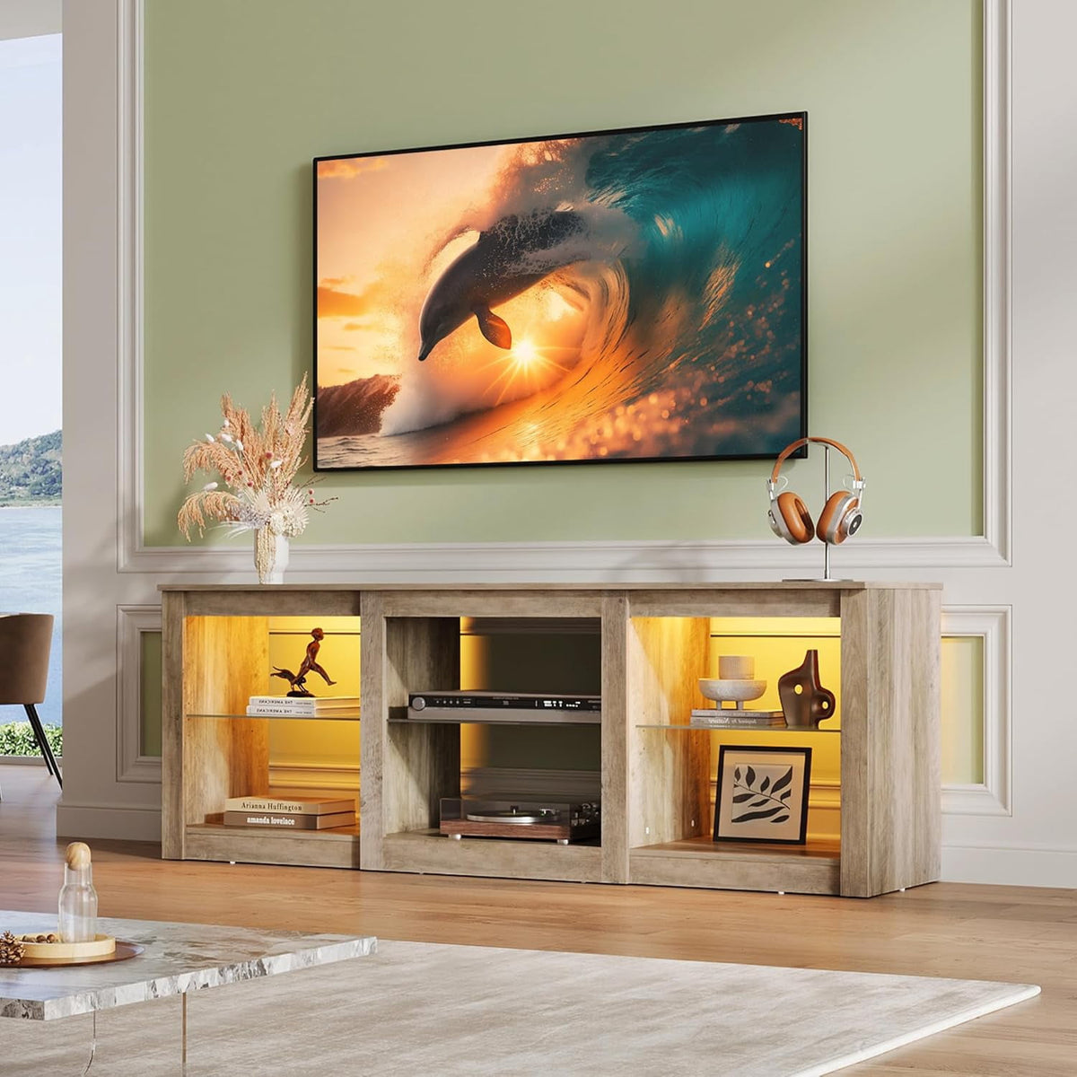 GALAXHERO 58" Modern LED TV Stand Entertainment Center for 65 70 Inch TV with Adjustable Glass Shelves & RGB Lights, Wood Media Console Table for Living Room, Bedroom, Gaming Room