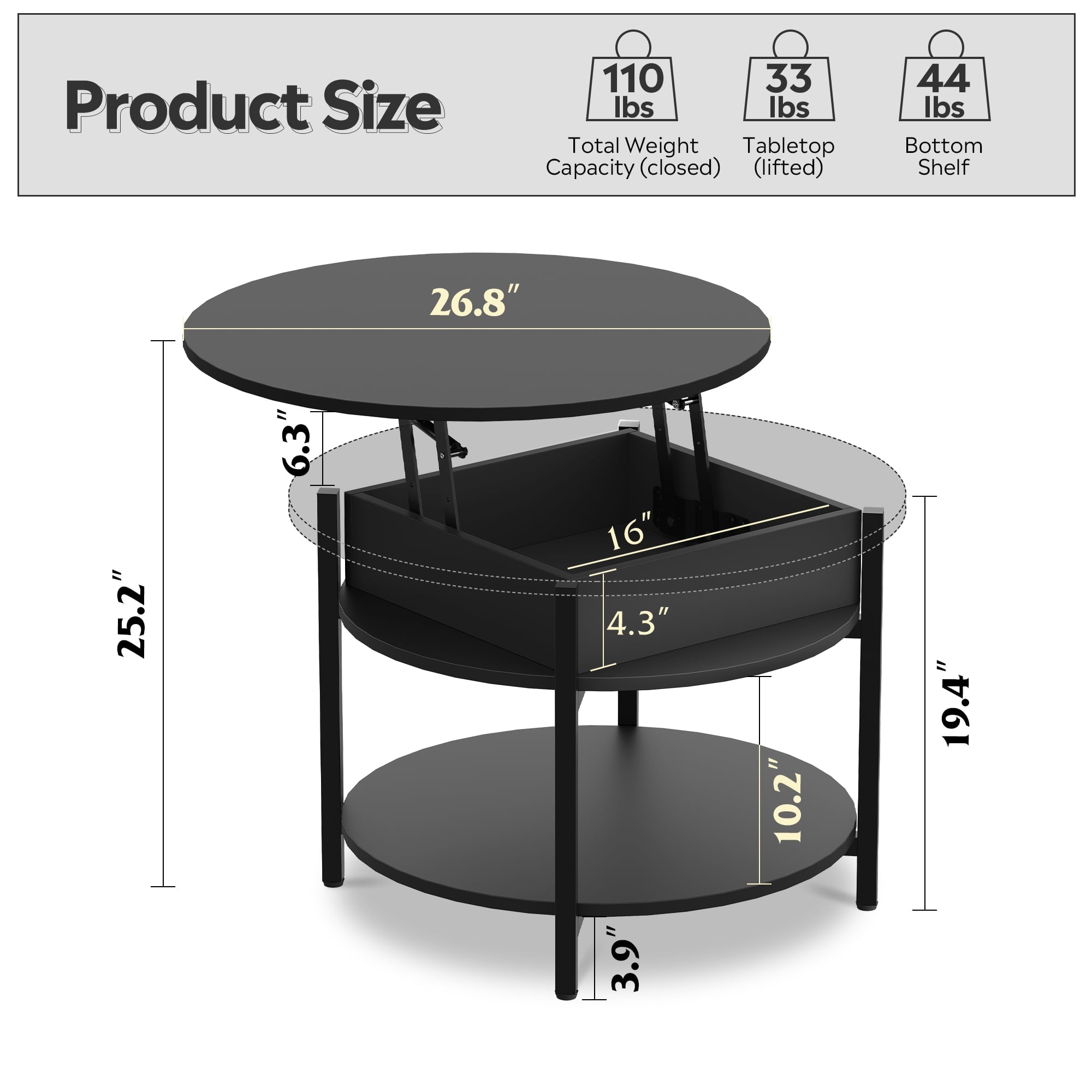 GALAXHERO Round Lift Top Coffee Table with Hidden Compartment and Storage Shelf, Farmhouse Small Coffee Table with 2 Tier for Living Room