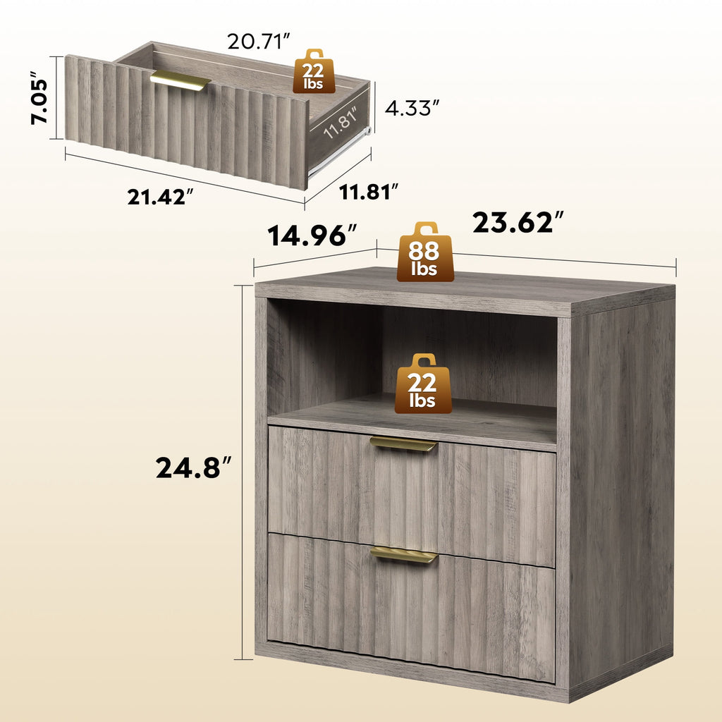 GALAXHERO 2 Drawer Nightstand, Wood Fluted End Table with Open Shelf, Mid Century Modern Bedside Tables for Bedroom, Living Room, Greige