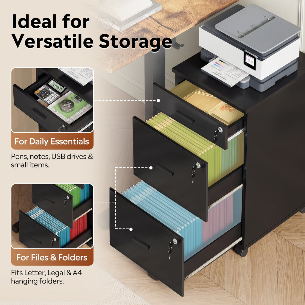 GALAXHERO Filing Cabinet with Lock and Key, 3 Drawer Rolling File Cabinet, Wood File Cabinet for Home Office, Fits Letter/A4 Size