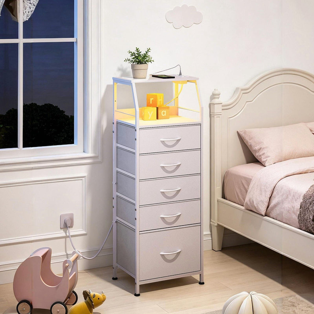GALAXHERO Dresser for Bedroom, 5 Drawer Nightstand with Charging Station,Tall Bedside Table with LED and Open Shelf
