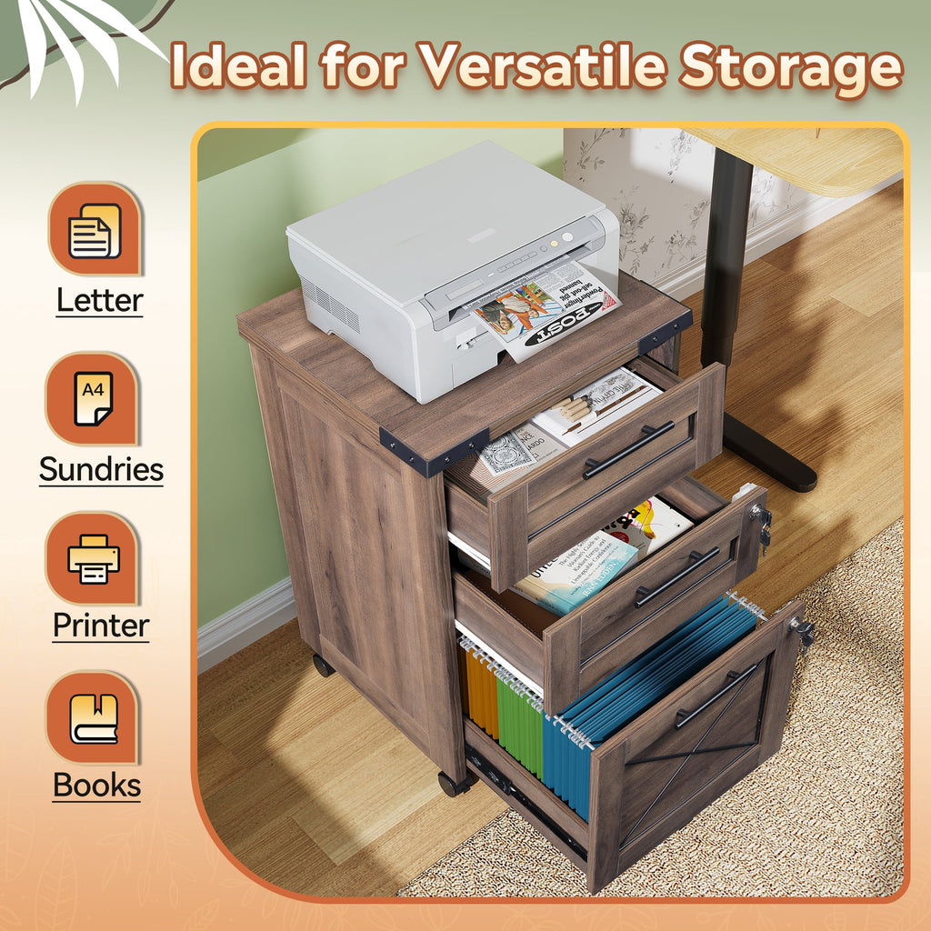 GALAXHERO File Cabinet 3 Drawers with Lock, Under Desk Filing Cabinets, Mobile Printer Stand for Home Office, Wood Storage Organizer Fit Letter/A4 Size
