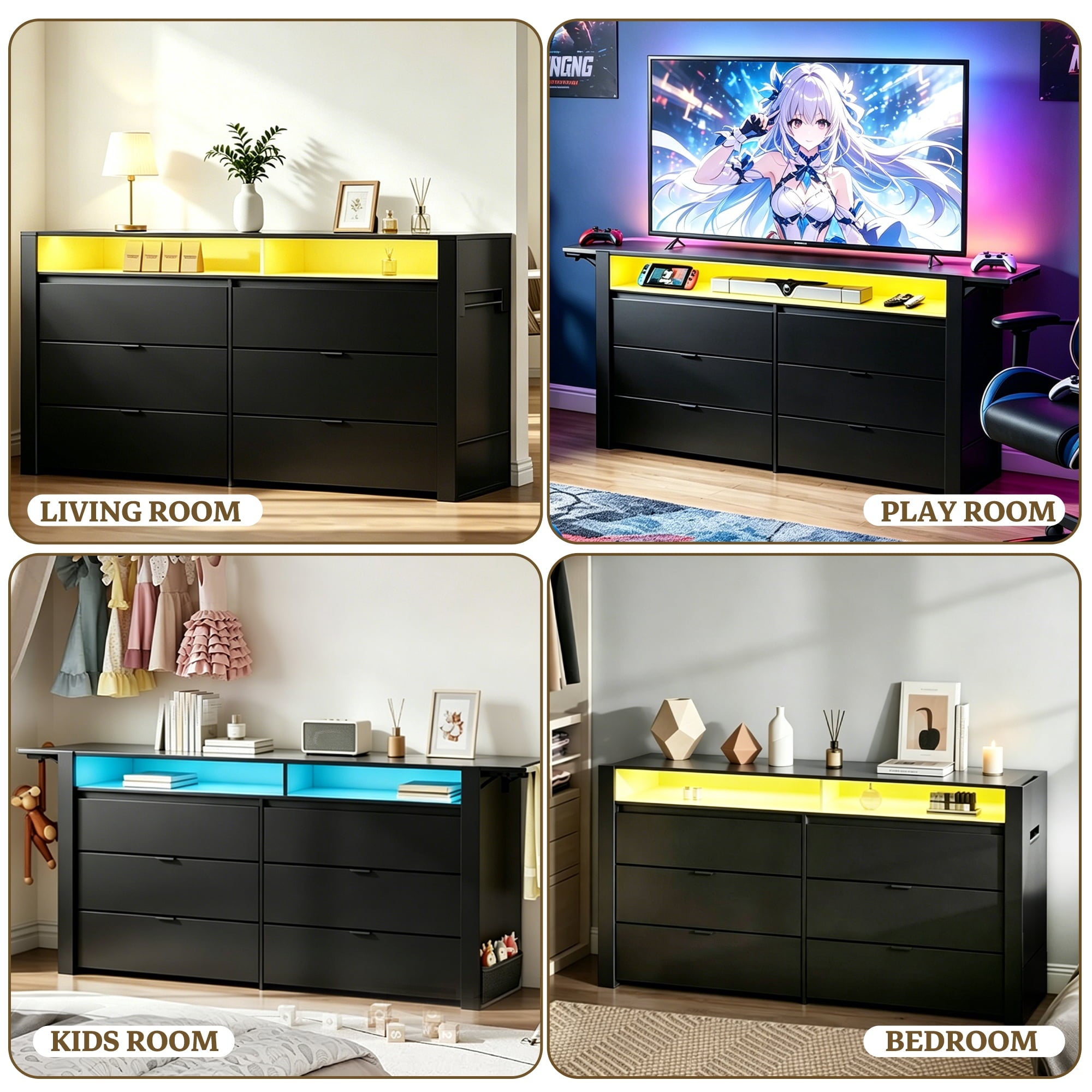 GALAXHERO 6 Drawer Dresser with LED Lights, Modern Dresser with Charging Station, Large Wood Chest of Drawers with Flexible Shelves and Hanging Rack for Bedroom, Closet, Living Room