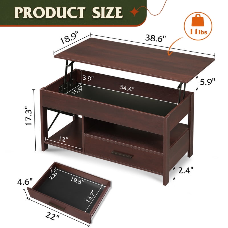 GALAXHERO Coffee Table, 39" Lift Top Coffee Table with Hidden Compartment, Storage Drawers and Storage Shelf for Living Room, Reception Room, Espresso