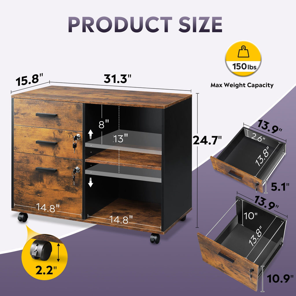 GALAXHERO 3-Drawer Locking Wood File Cabinet, Mobile Lateral Filing Cabinet, Printer Stand with Open Storage Shelves for Home Office