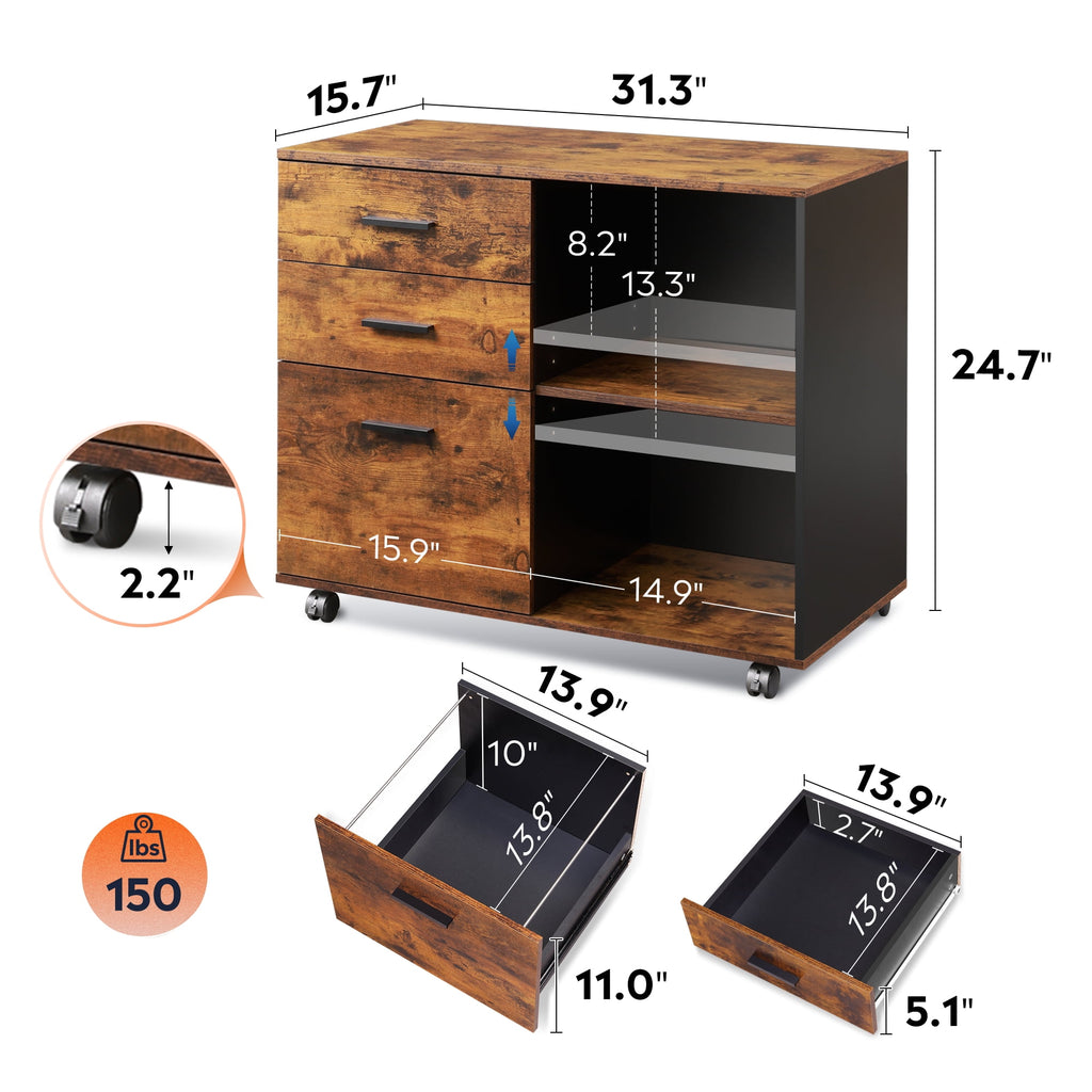 GALAXHERO 3-Drawer Wood Mobile File Cabinet, Lateral Filing Cabinet with Printer Stand and Open Storage Shelves for Home Office, Rustic Brown