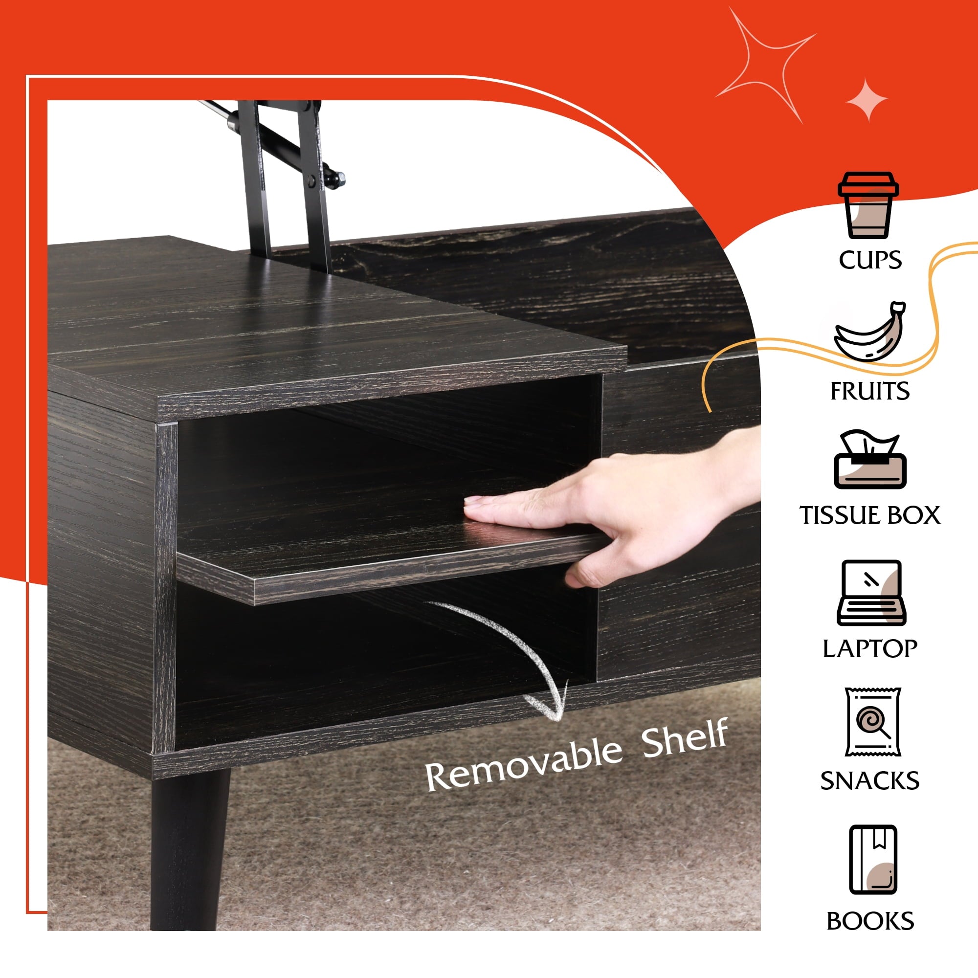GALAXHERO Coffee Table with Removable Storage Shelves Lift Top Small Coffee Table for Living Room