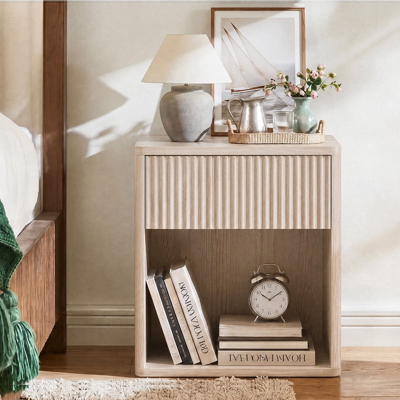GALAXHERO Nightstand, Mid Century Fluted Wood Bedside Table with Drawer, End Table & Open Shelf for Bedroom Living Room Dorm