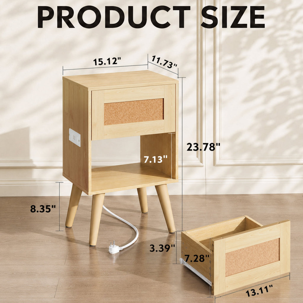 GALAXHERO Nightstand Set of 2 with Charging Station, Boho Rattan Bedside Table with Drawer,End Table With Open Shelf for Bedroom Living Room Dorm