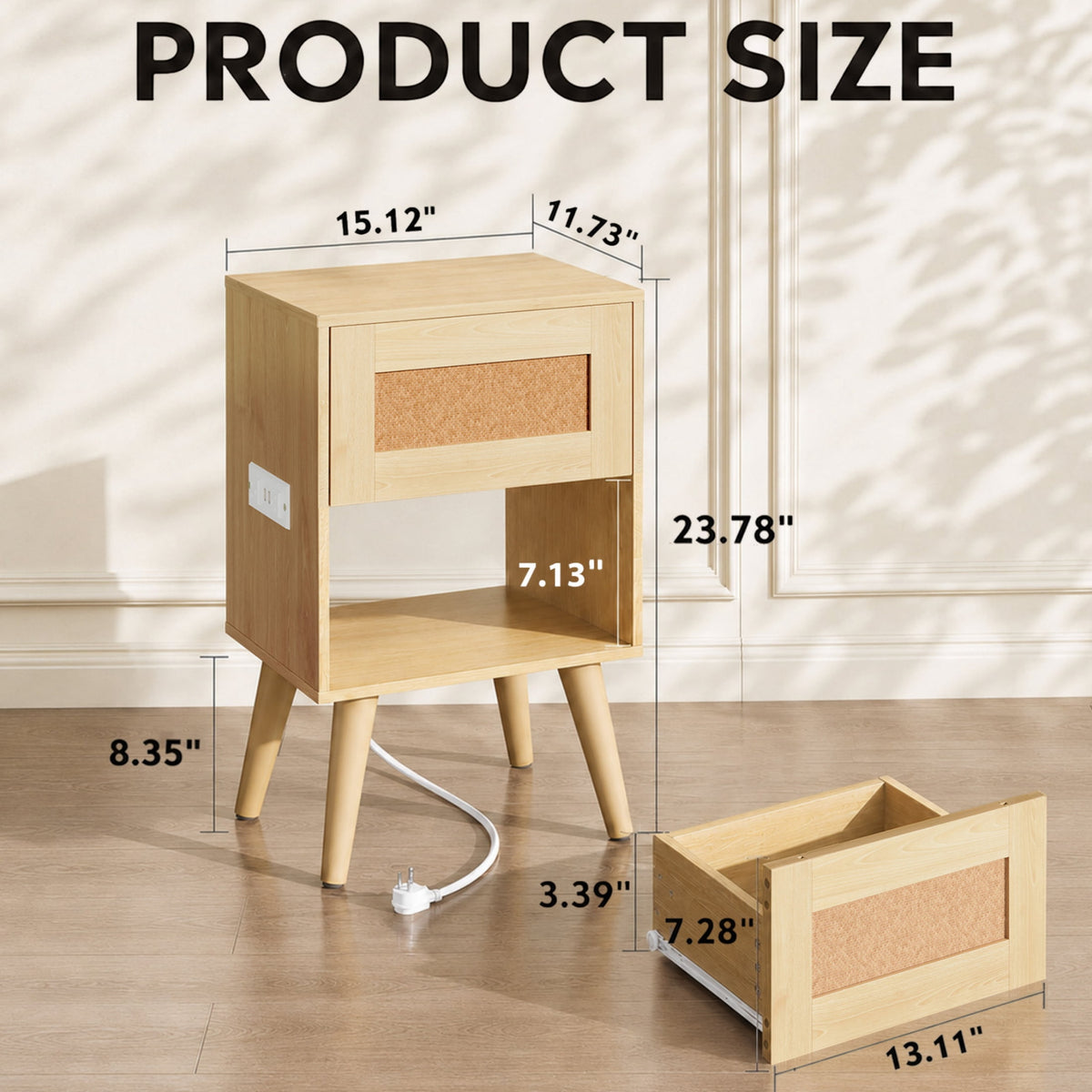 GALAXHERO Nightstand Set of 2 with Charging Station, Boho Rattan Bedside Table with Drawer,End Table With Open Shelf for Bedroom Living Room Dorm
