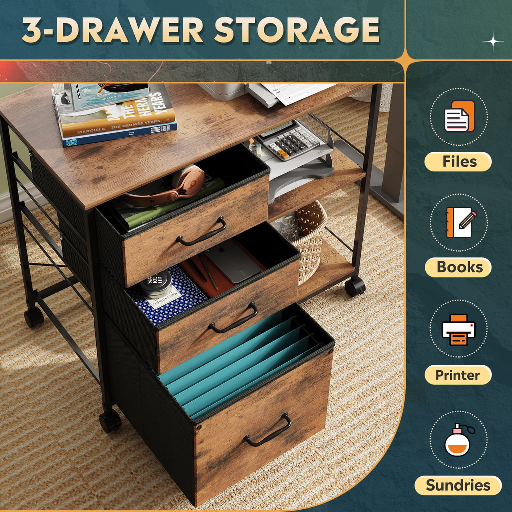 GALAXHERO 3-Drawer Mobile File Cabinet with Storage Shelf, Rolling Fabric Filing Cabinet and Printer Stand