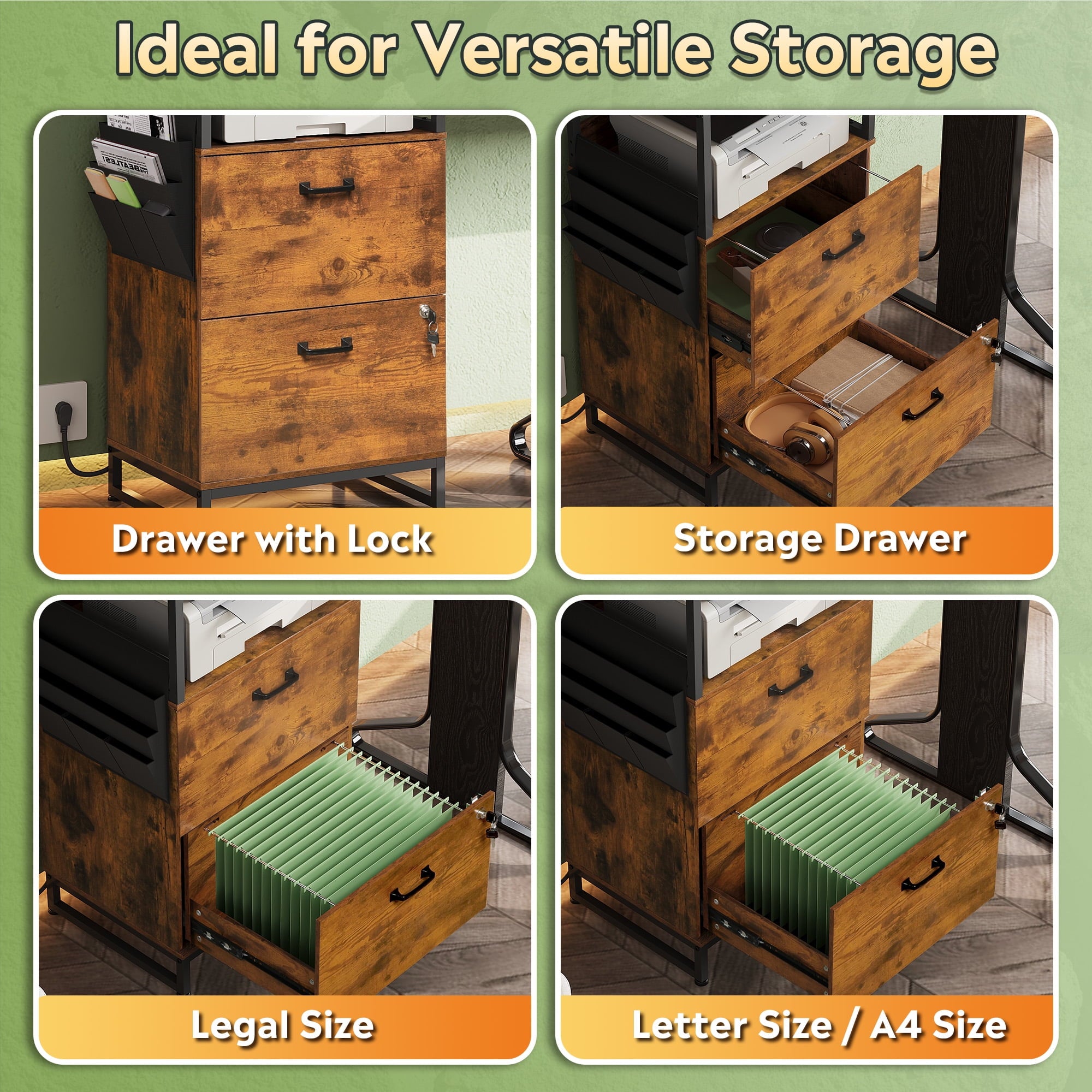 GALAXHERO 2 Drawer File Cabinet with Charging Station, Tall Vertical Filling Cabinet with Lock, Fits Letter/A4/Legal Size, Printer Stand & Adjustable Shelves for Home Office, Rustic Brown