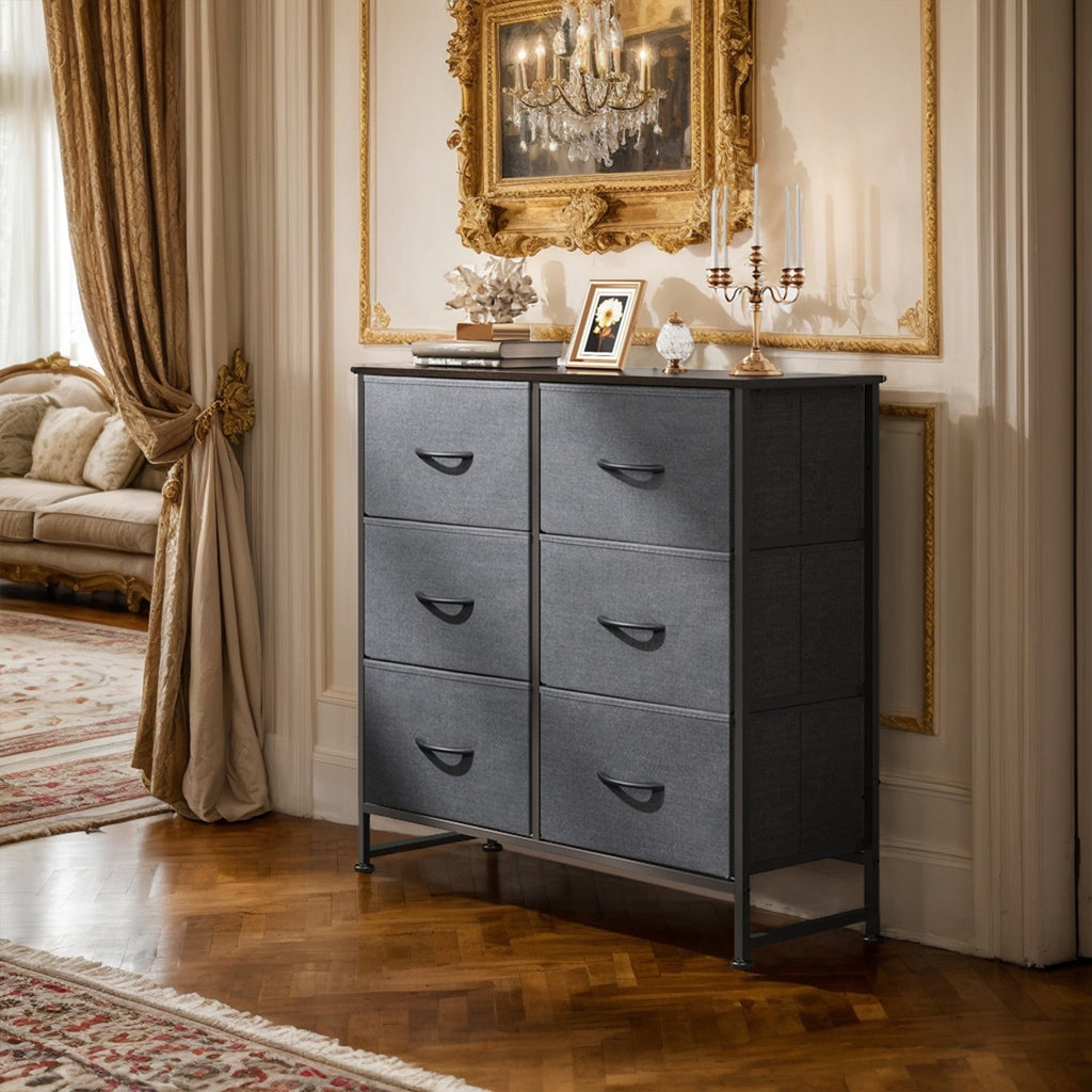 GALAXHERO 6 Drawer Dresser, Black Fabric Double Dresser, Storage Tower with Fabric Bins, Chest of Drawers for Bedroom, Closet, Living Room, Hallway
