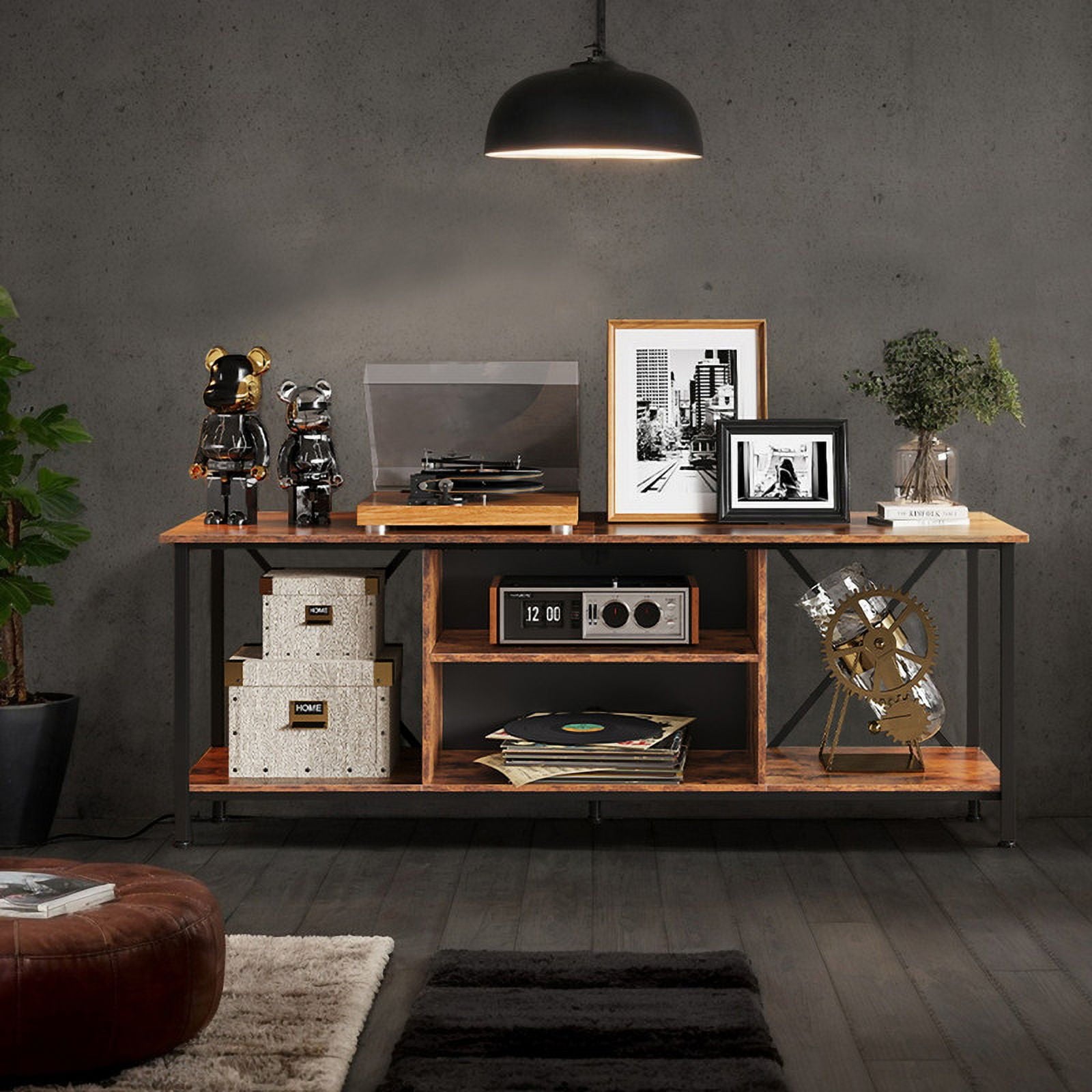 GALAXHERO TV Stand for 65 Inch TVs, 55" Rustic Industrial TV Console with Open Shelf, Entertainment Center for Living Room & Bedroom, Media Storage Cabinet, Rustic Brown