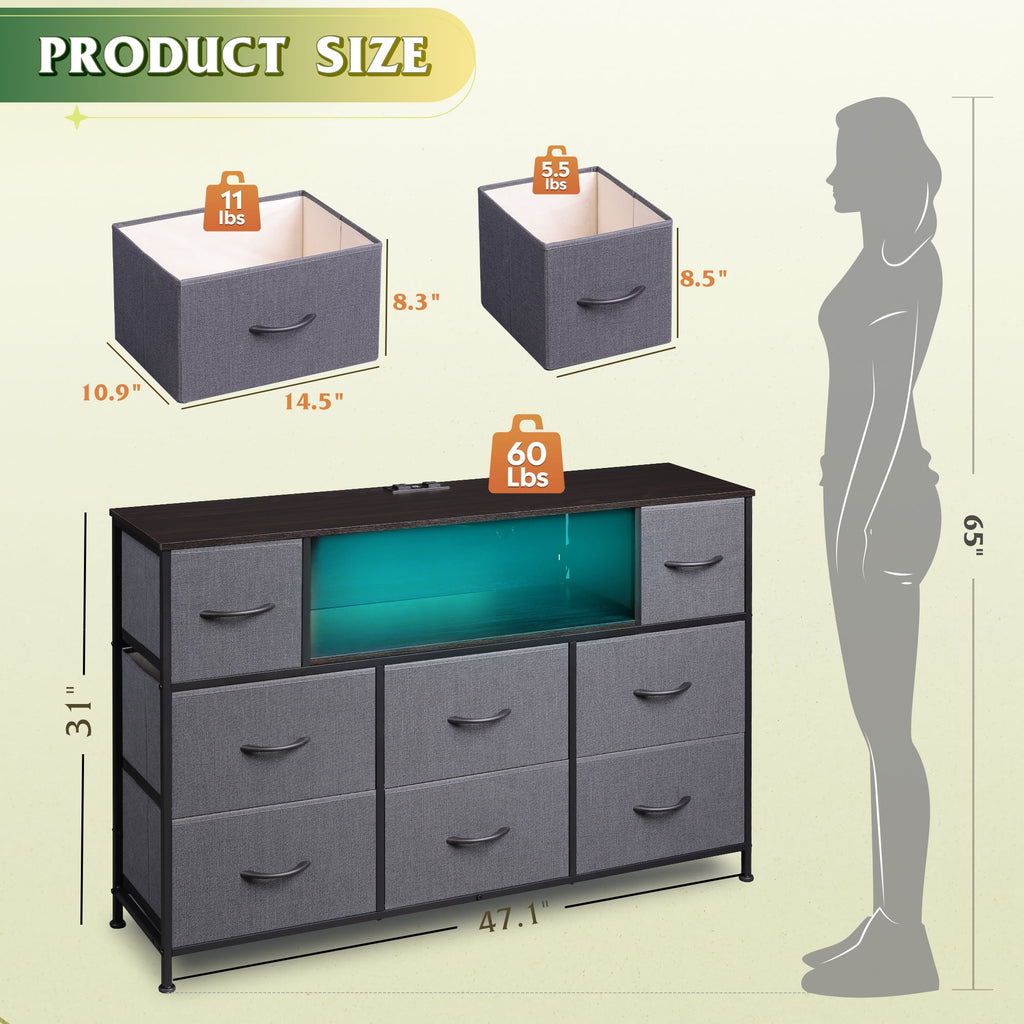 GALAXHERO 8-Drawer Dressers for Bedroom, Dresser TV Stand for 55'' TV with LED Lights and Power Outlets, Fabric Chest of Drawers for Living Room, Entryway