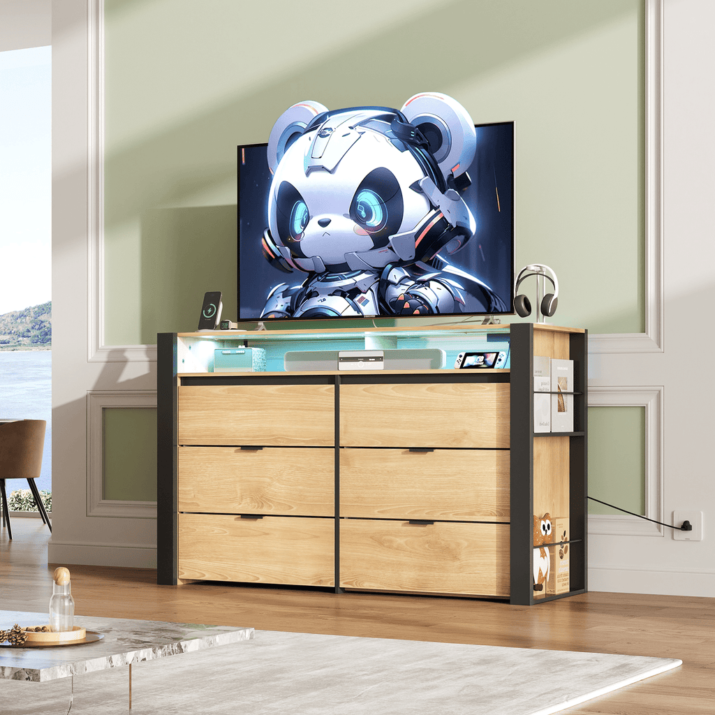 GALAXHERO 6 Drawer Dresser for Bedroom with LED Lights, Double Dresser with Charging Station, Large Wood Chest of Drawers, TV Stand for 55 inch TV for Closet, Living Room