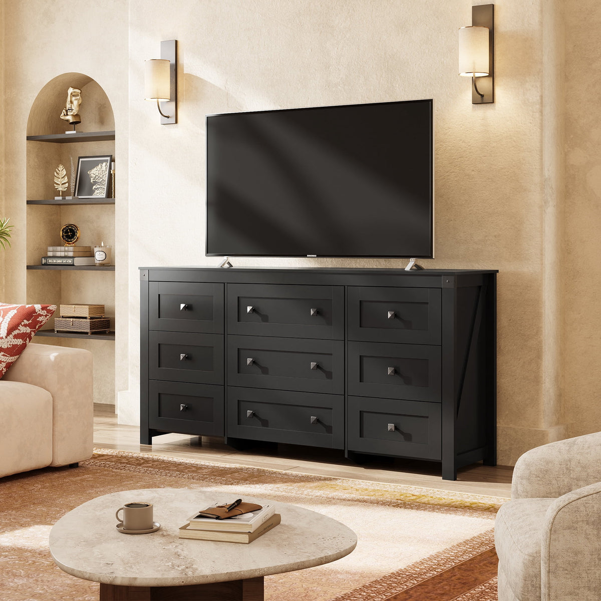 GALAXHERO Farmhouse 9 Drawer Wood Dresser, 63" Wide Storage Organizer with Double Rustic Handles, TV Stand for 70" TV, Chest of Drawers for Bedroom, Living Room