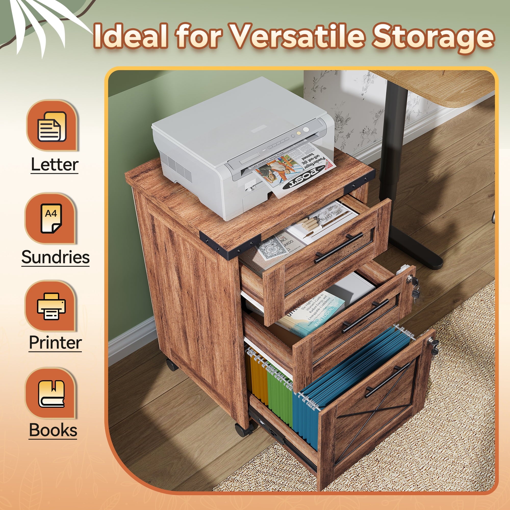 GALAXHERO File Cabinet 3 Drawers with Lock, Under Desk Filing Cabinets, Mobile Printer Stand for Home Office, Wood Storage Organizer Fit Letter/A4 Size