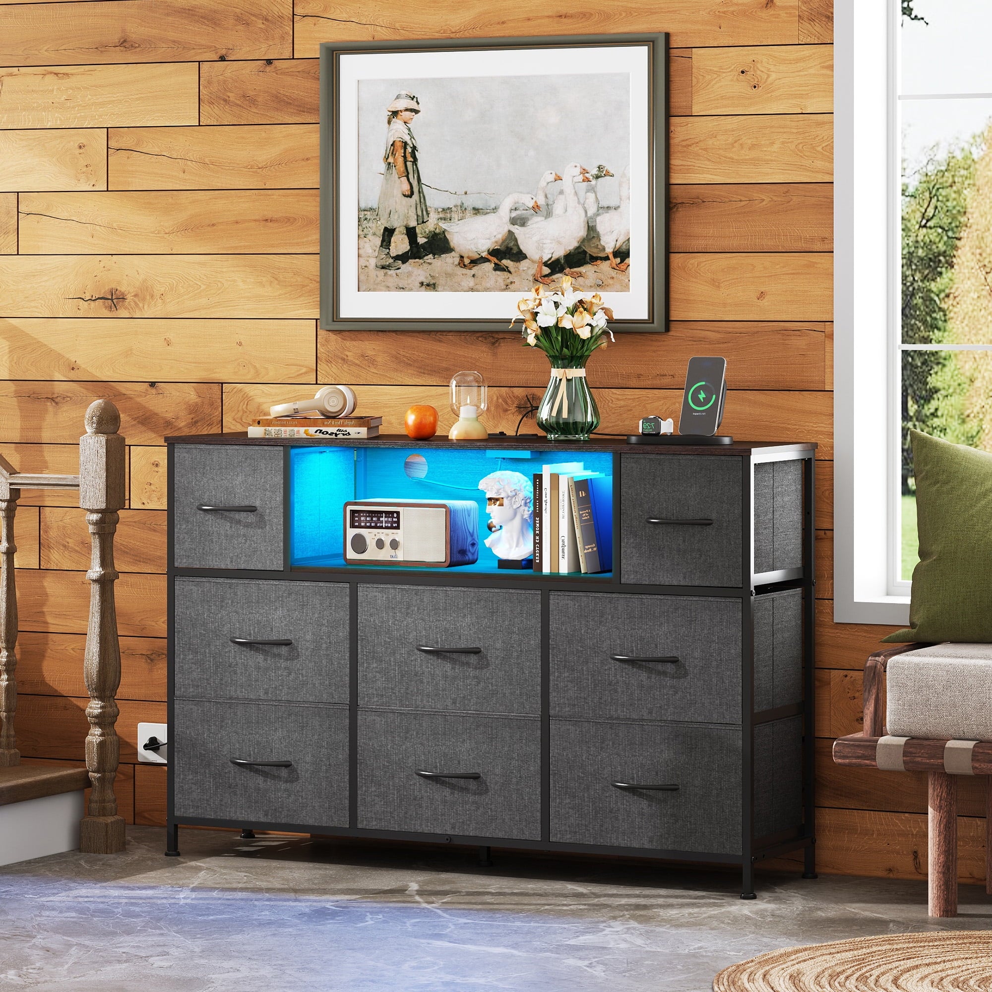 GALAXHERO 8-Drawer Dressers for Bedroom, Dresser TV Stand for 55'' TV with LED Lights and Power Outlets, Fabric Chest of Drawers for Living Room, Entryway