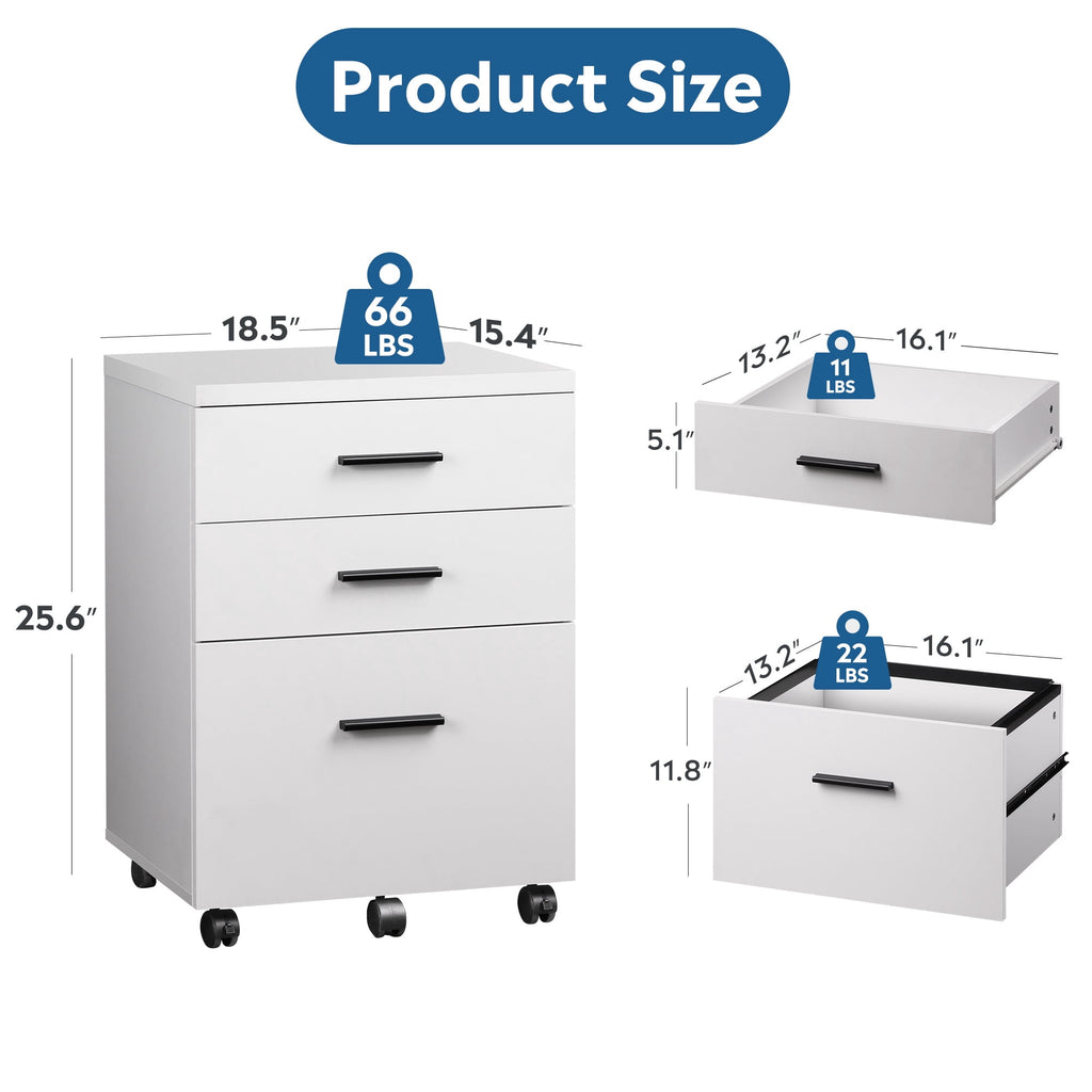 GALAXHERO 3 Drawer Storage Cabinet, Wood Rolling File Cabinet with Whells, Printer Stand Filing Cabinet for Home Office, Fit Letter/A4/Legal
