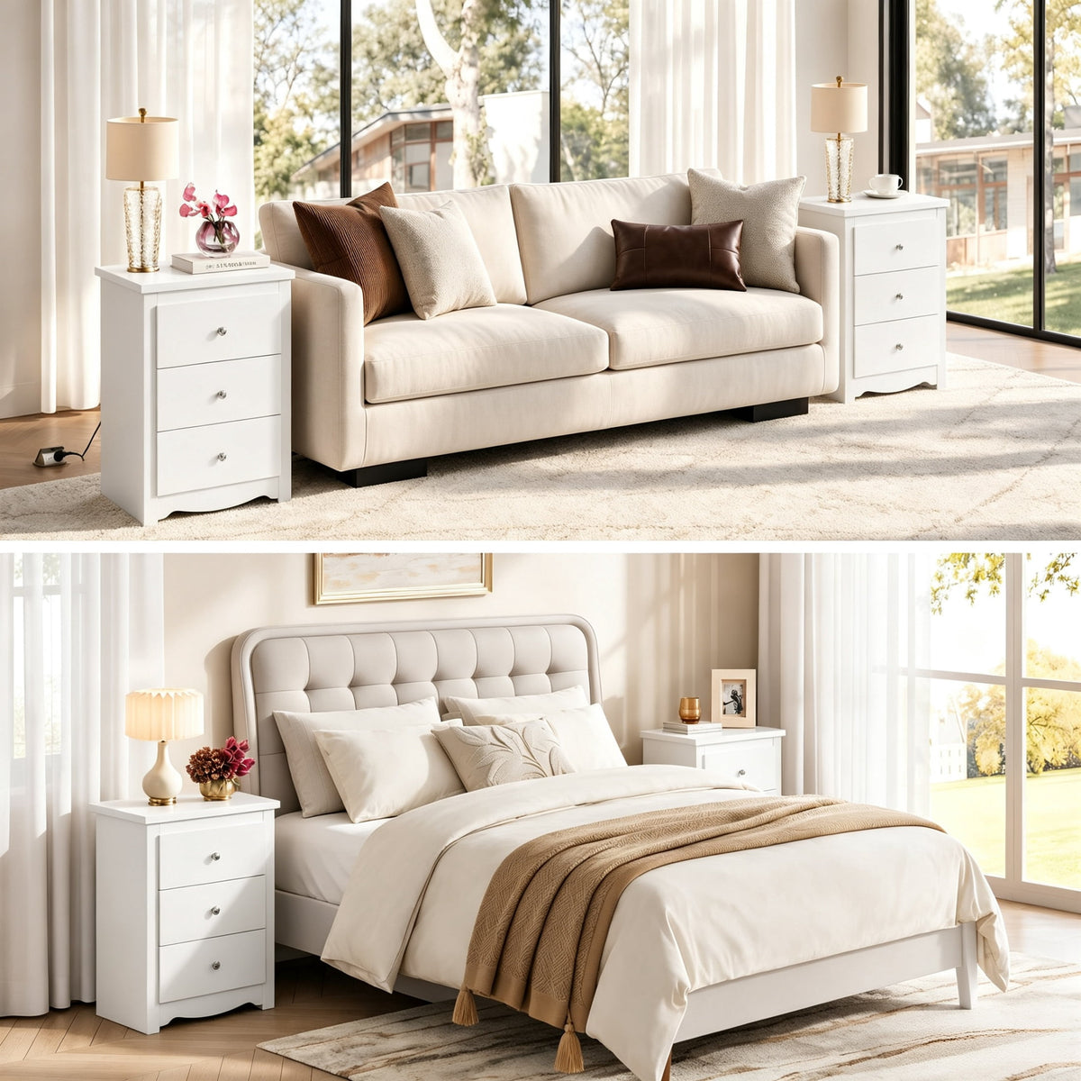 GALAXHERO Nightstand with Charging Station, 3-Drawer Tall Wood Bedside Table & End Table for Bedroom Living Room Dorm