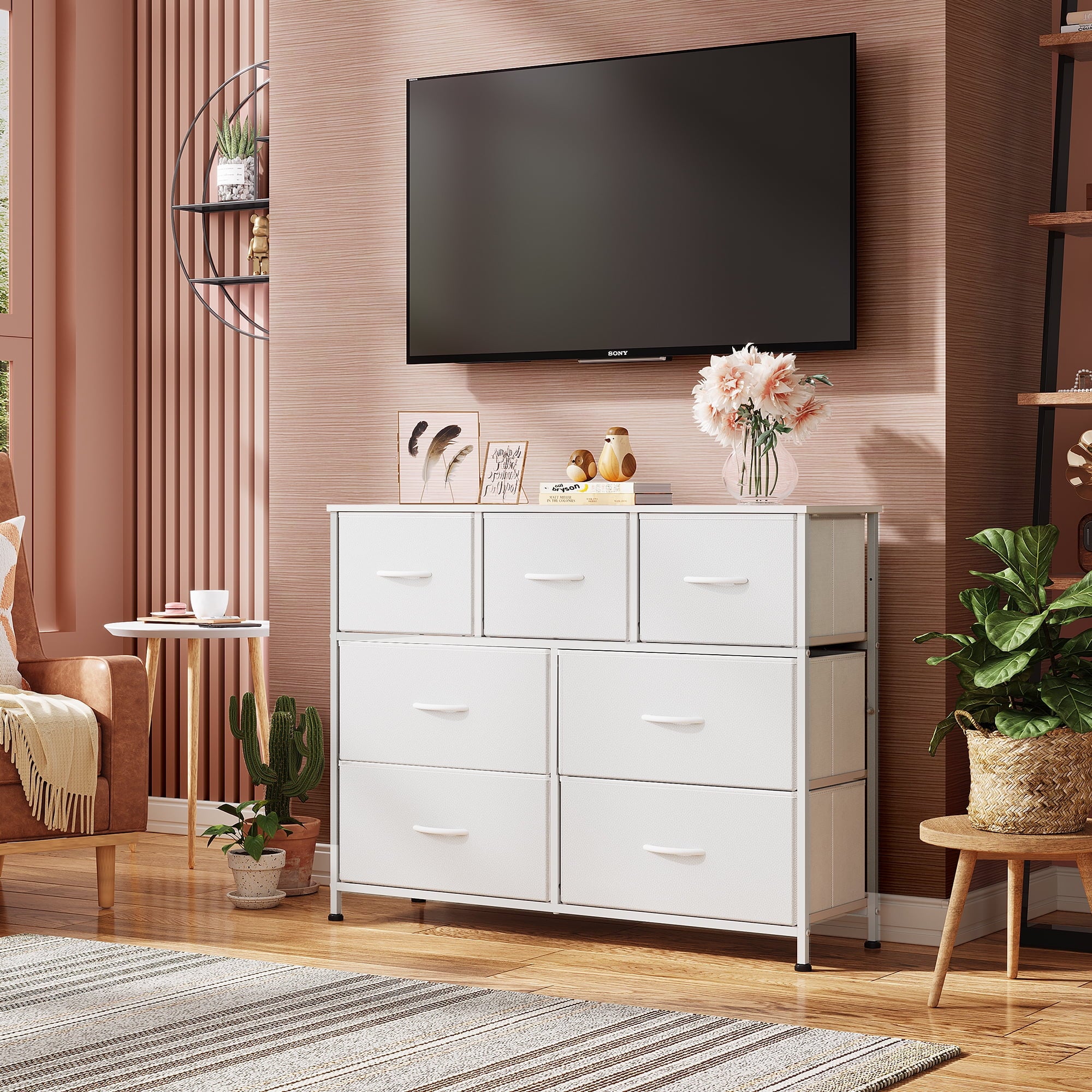 GALAXHERO 7 Drawer Dresser, TV Stands for 45" TV, Wide Dresser with Fabric Bin for Bedroom, Living Room