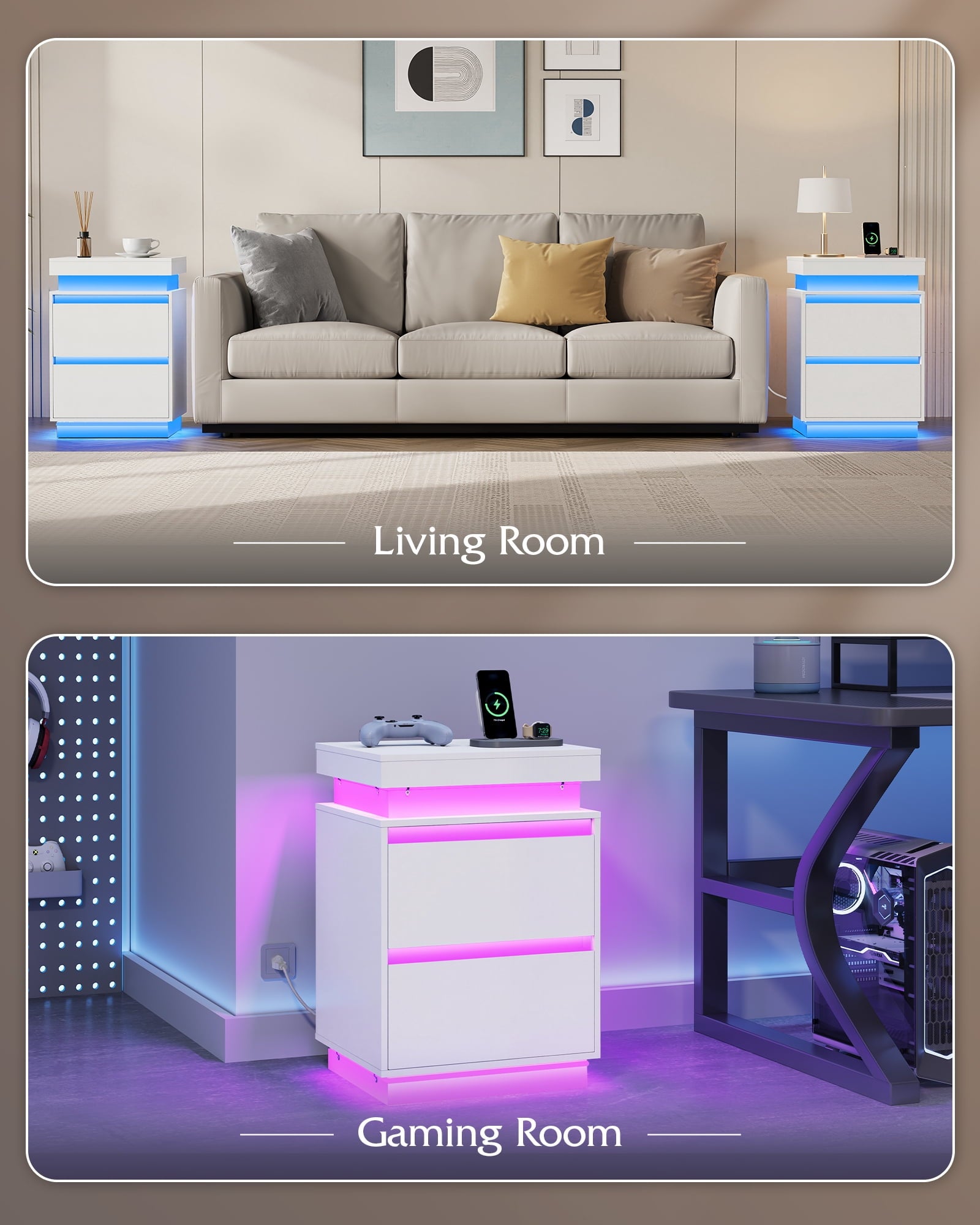 GALAXHERO  Nightstand with Charging Station and LED Lights, Modern 2 Drawers Bedside Table with Sliding Top, End Side Table for Bedroom, Living Room