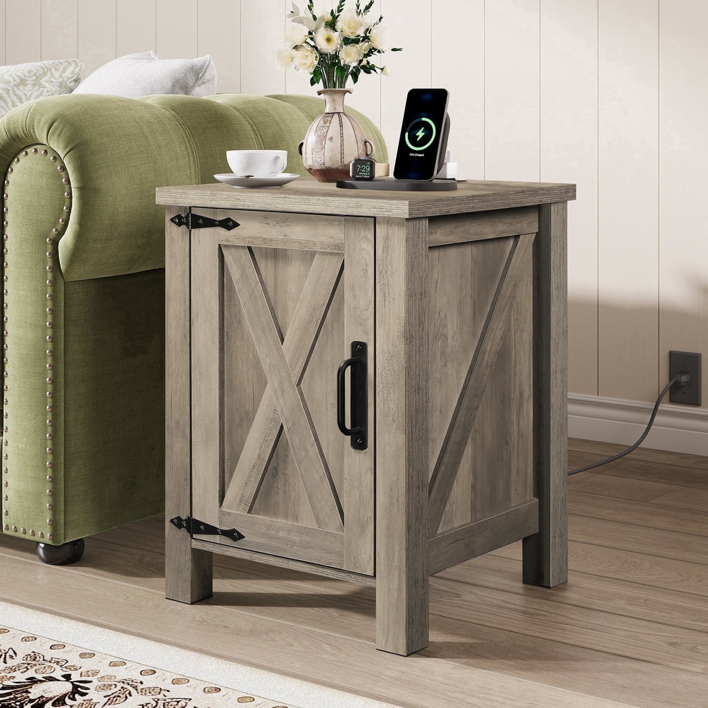 GALAXHERO Nightstand with Charging Station, Farmhouse Narrow Side Table with Barn Door, Wooden Bedside Table for Bedroom, End Tables for Living Room
