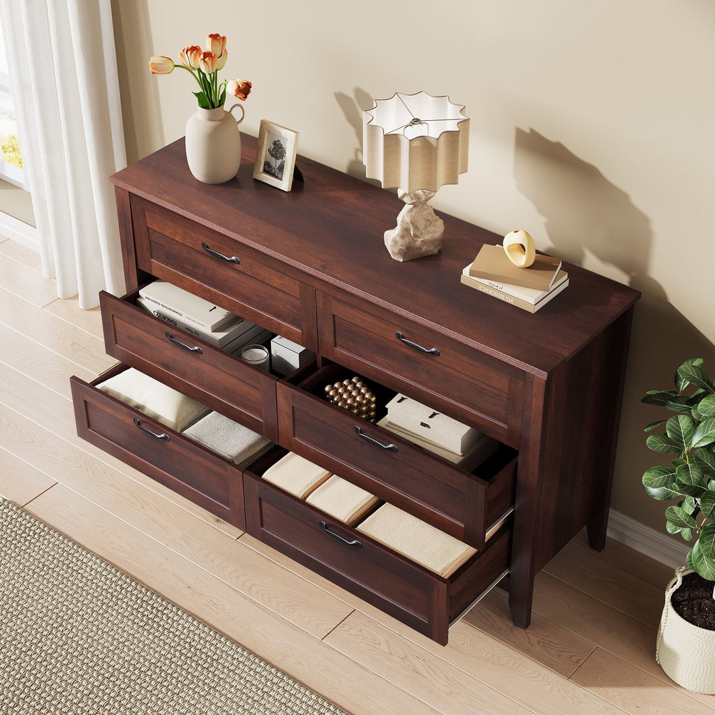 GALAXHERO 6-Drawer Double Wood Dresser - Farmhouse Chest of Drawers with Metal Handles for Bedroom, Living Room, Entryway