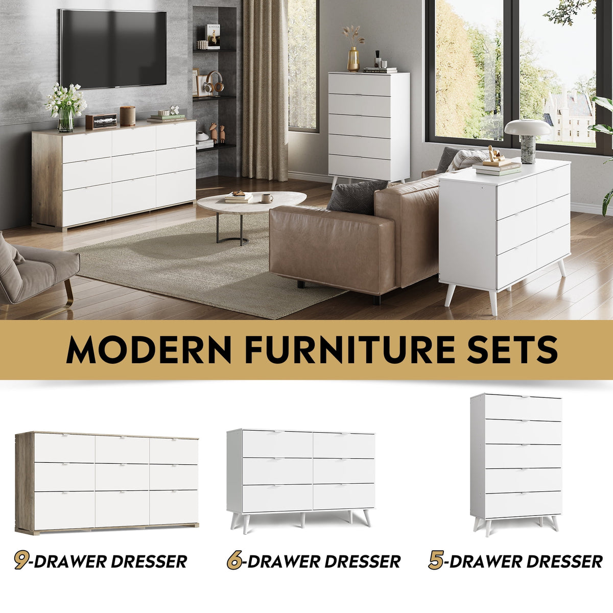 GALAXHERO 9-Drawers Dresser for Bedroom, 63" Wide Modern Dresser for Bedroom, Large Chest of Drawers with Sturdy Metal Handle, Wood Dresser for Living Room, Hallway