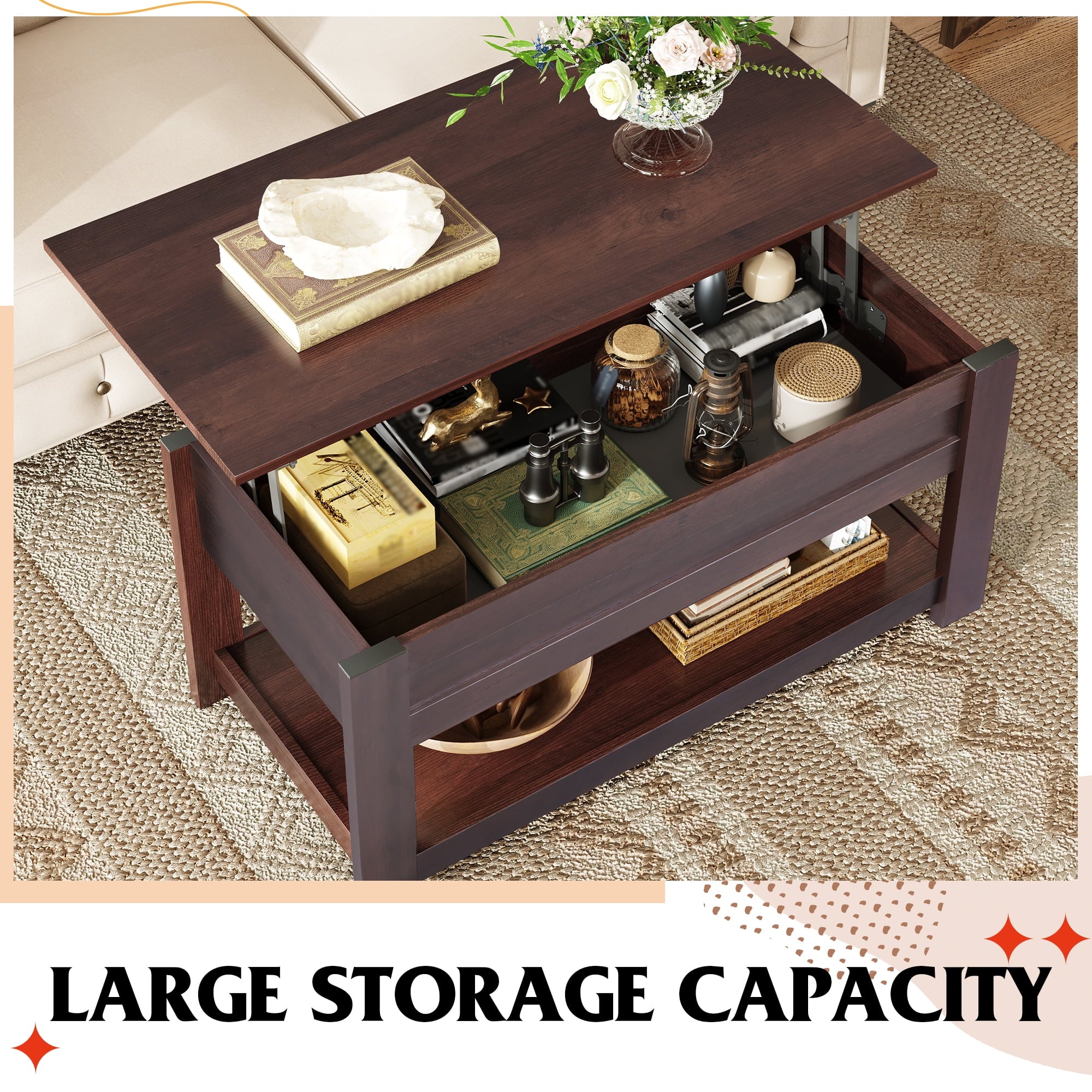 GALAXHERO 39" Lift Top Coffee Table with Hidden Storage and Storage Shelf Lift Up Coffee Table for Living Room