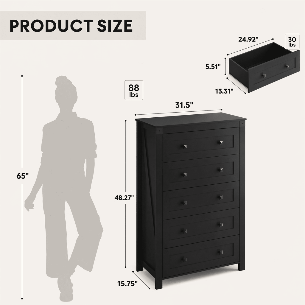 GALAXHERO Farmhouse 5 Drawer Dresser, Tall Dresser with Double Rustic Handles, Wood Chest of Drawers for Bedroom, Living Room, Hallway