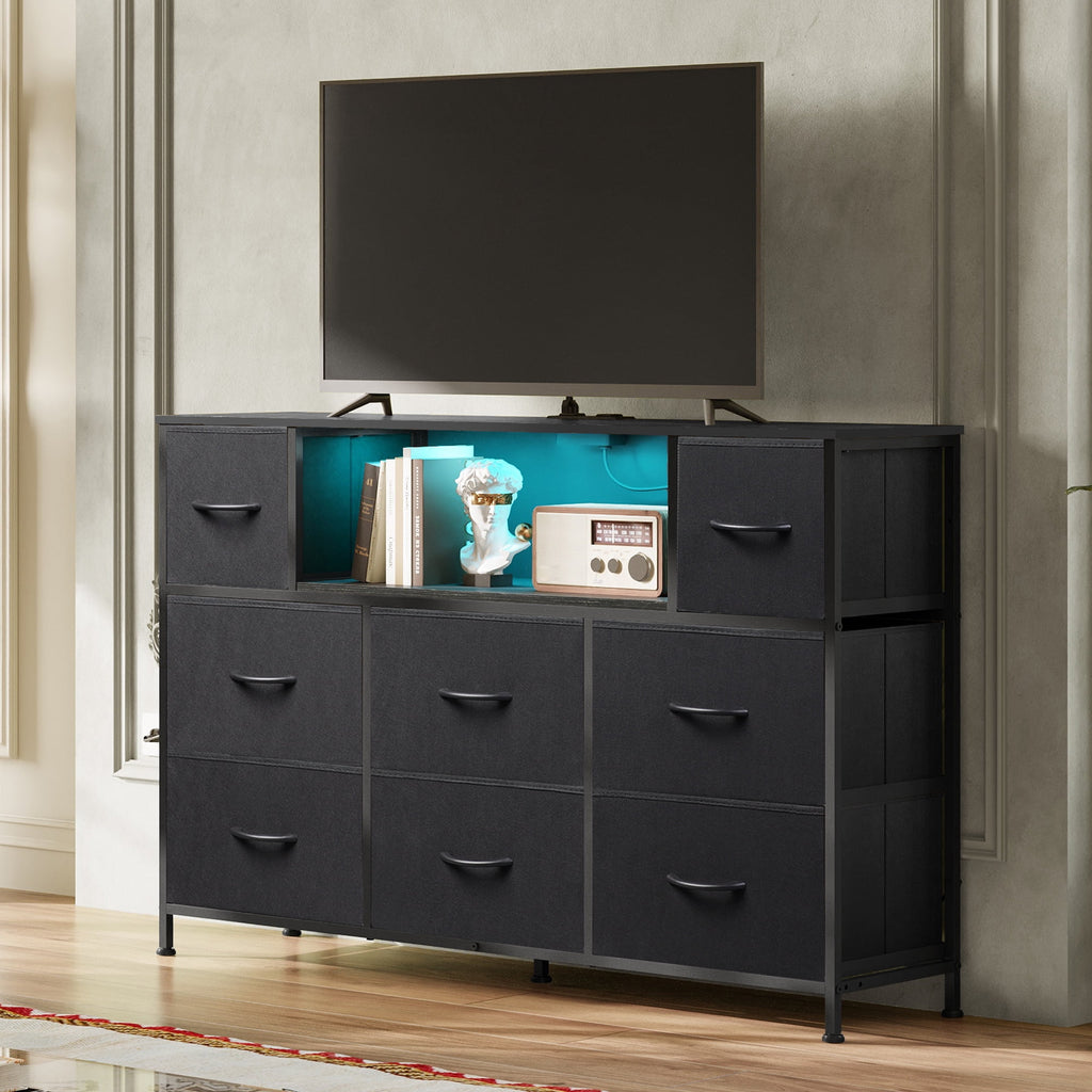 GALAXHERO 8-Drawer Dressers for Bedroom, TV Stand for 55'' TV with Charging Station and LED Lights