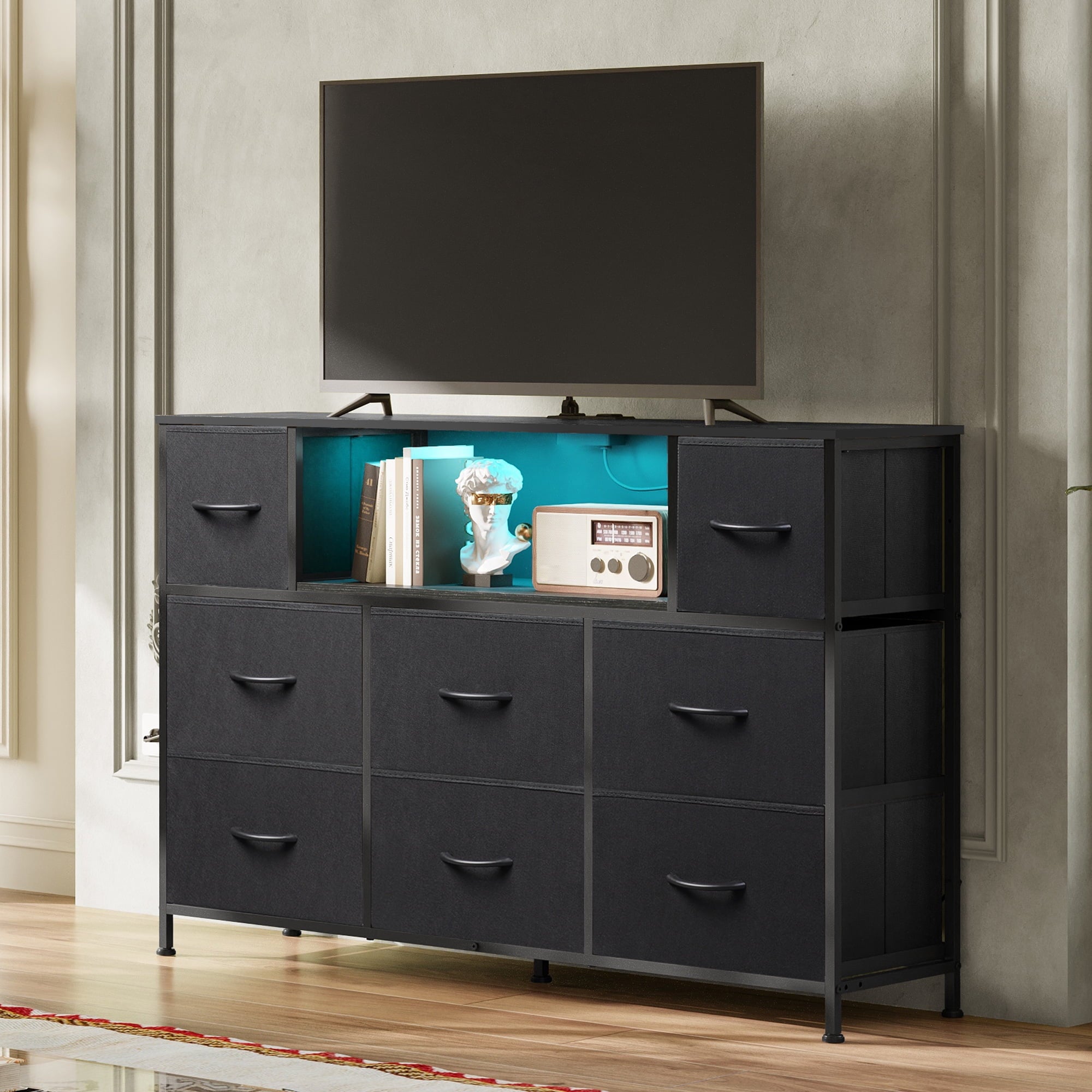 GALAXHERO 8-Drawer Dressers for Bedroom, Dresser TV Stand for 55'' TV with LED Lights and Power Outlets, Fabric Chest of Drawers for Living Room, Entryway