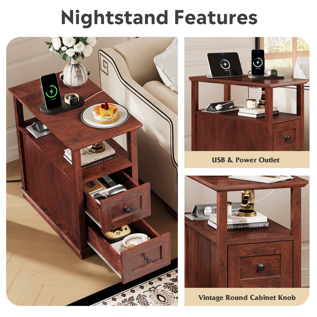 GALAXHERO Narrow End Table with Charging Station Wooden Side Table with 2 Drawers for Living Room, Bedroom, Small Space