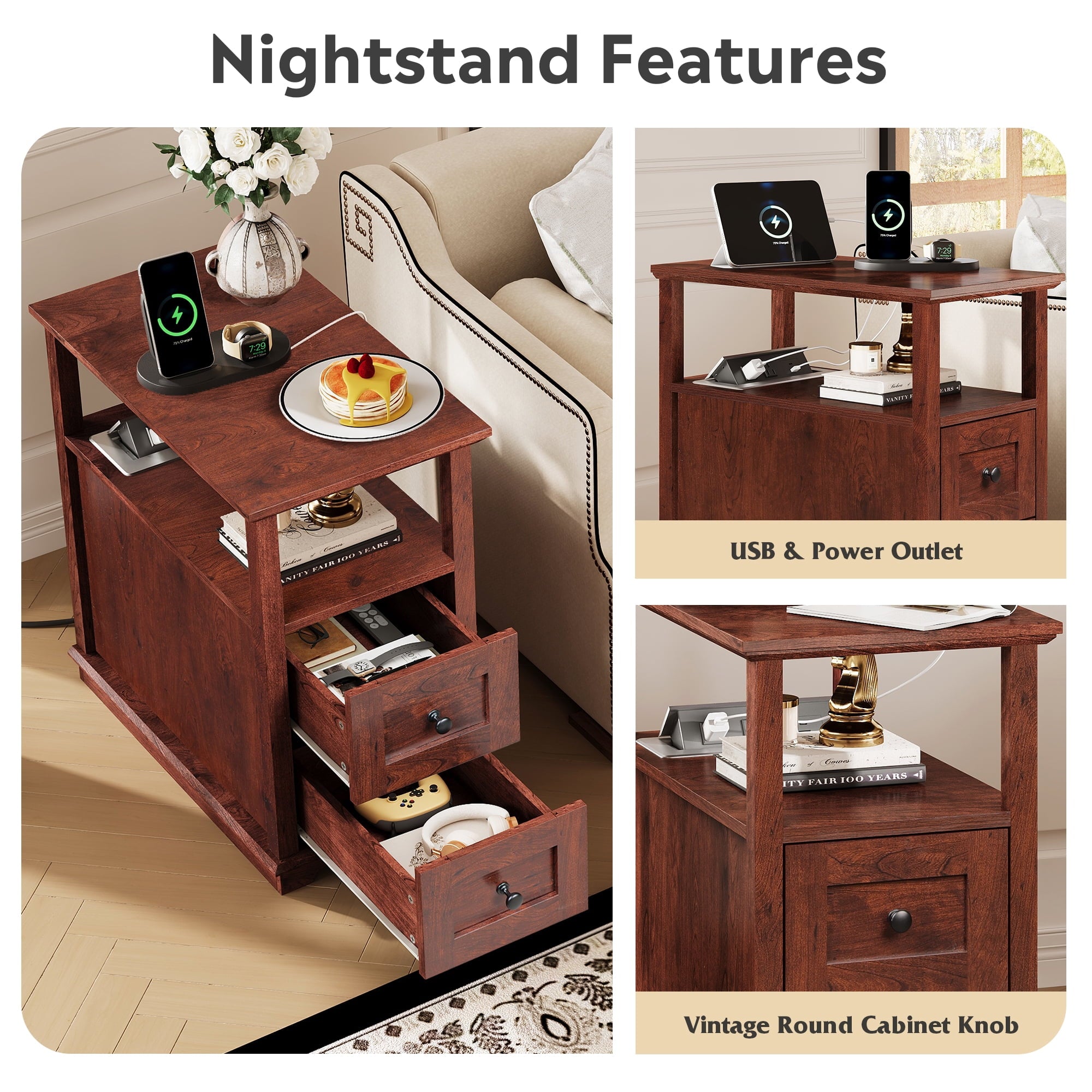 GALAXHERO Narrow End Table with Charging Station Wooden Side Table with 2 Drawers for Living Room, Bedroom, Small Space