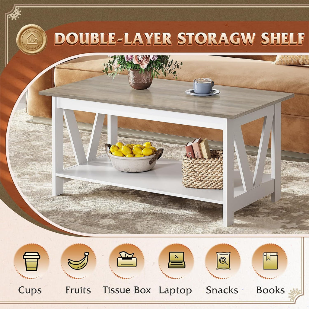 GALAXHERO 39.4" Coffee Table with Storage Shelf Farmhouse Coffee Table with V-Frame Support 2-Tier Wood Rustic Center Table for Living Room, Bedroom & Balcony