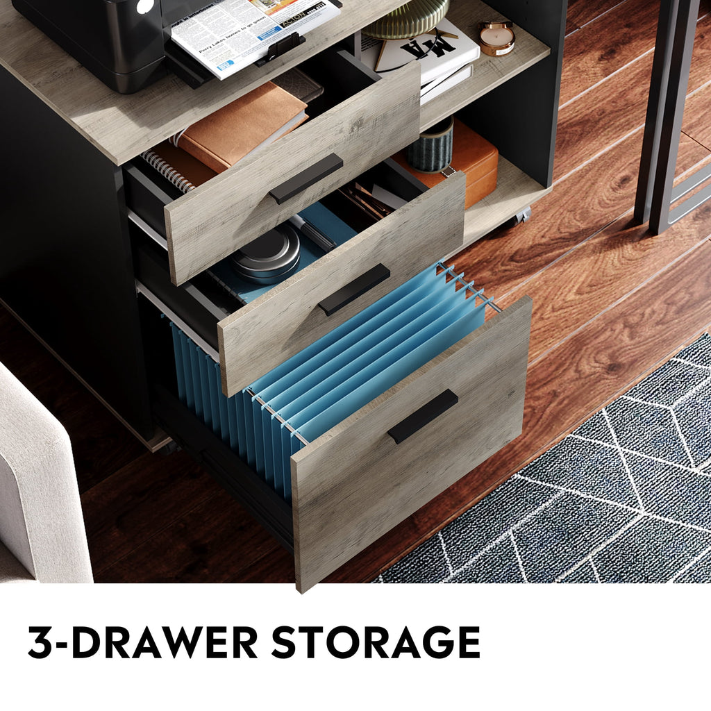 GALAXHERO 3-Drawer Filing Cabinet, Mobile Lateral File Cabinet, Printer Stand with Open Shelves, Wood Office Cabinet