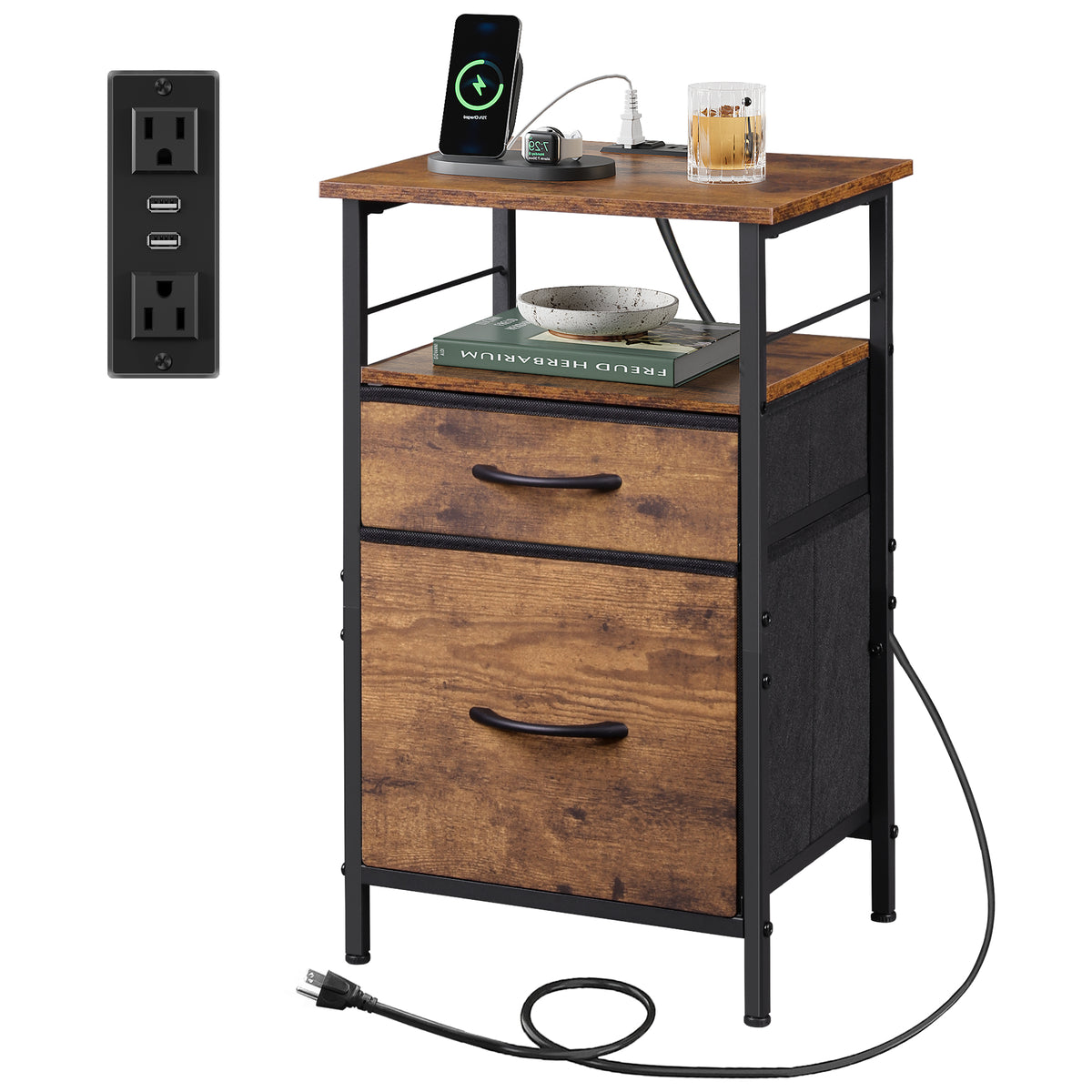 GALAXHERO Nightstands Set of 2, Bed Side Table with Charging Station, End Table with 2 Fabric Drawers for Bedroom, Closet, Dorm