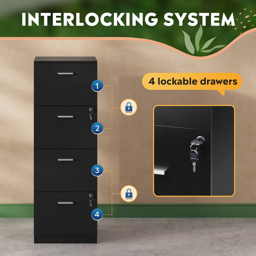 GALAXHERO 4 Drawer File Cabinet, Vertical Filing Cabinet with Lock and Key, Wood Storage Organizer for Home Office, Fit Letter/A4