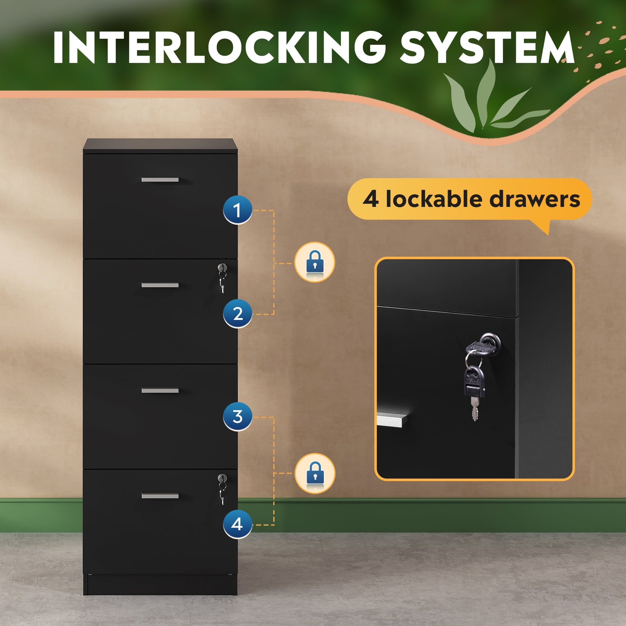 GALAXHERO 4 Drawer File Cabinet, Vertical Filing Cabinet with Lock and Key, Wood Storage Organizer for Home Office, Fit Letter/A4